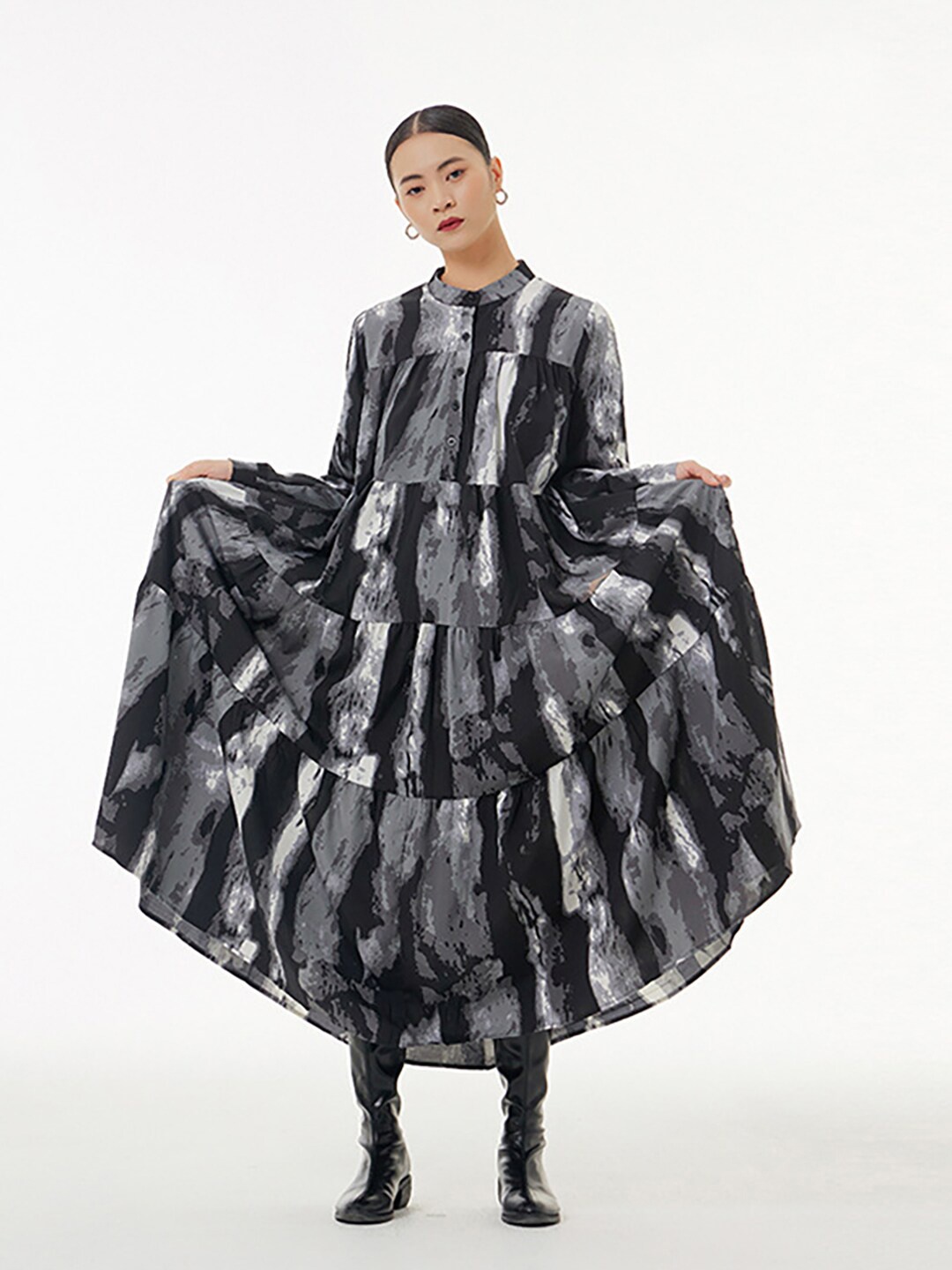 

JC Collection Abstract Print Mandarin Collar Fit & Flare Midi Dress, Grey