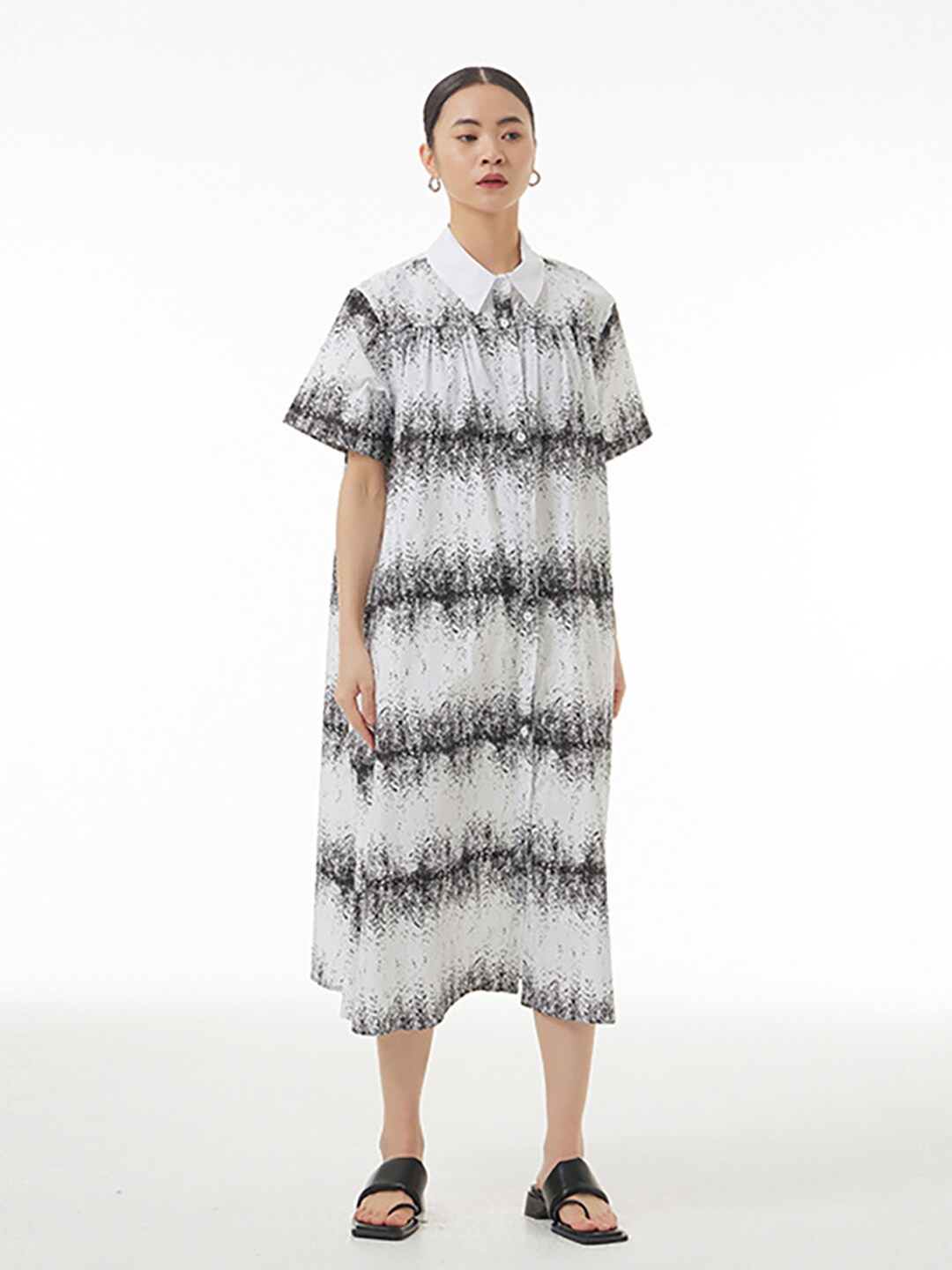 

JC Collection Abstract Print Shirt Collar Shirt Midi Dress, White