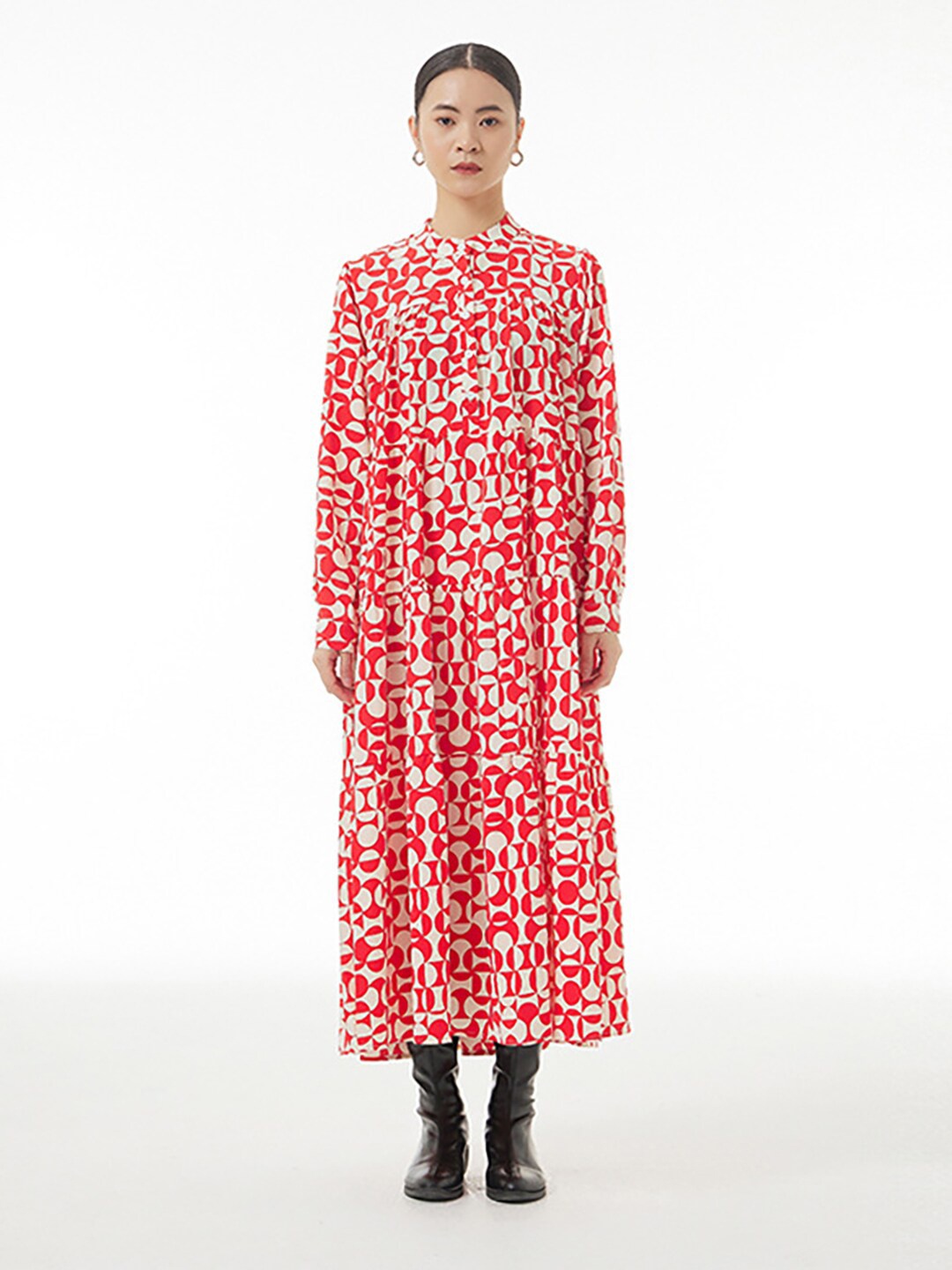 

JC Collection Geometric Print Band Collar Cuffed Sleeves Shirt Maxi Dress, Red