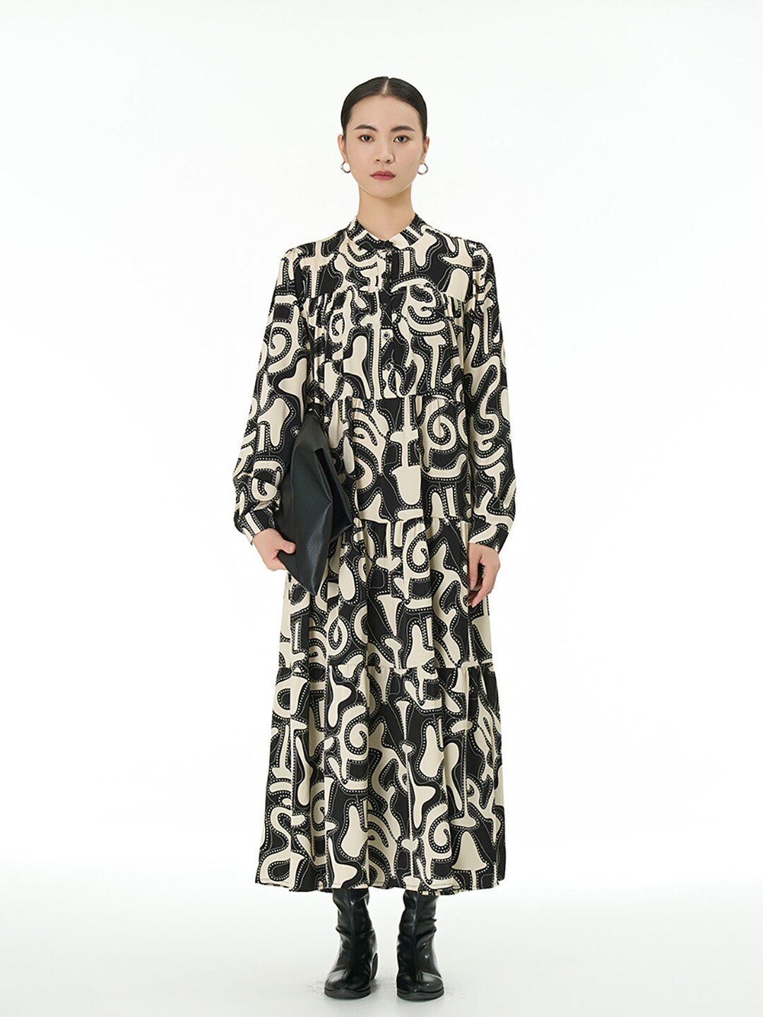 

JC Collection Geometric Print Band Collar Cuffed Sleeves Tiered A-Line Maxi Dress, Black
