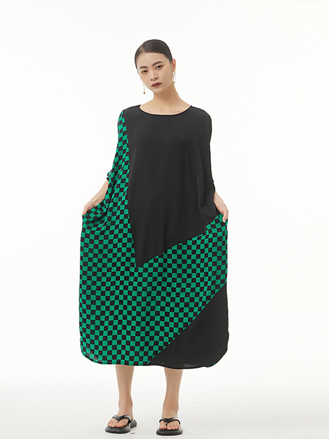 

JC Collection Round Neck Geometric Print A-Line Midi Dress, Green