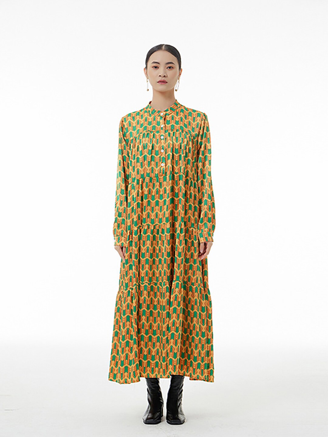 

JC Collection Geometric Print Band Collar Cuffed Sleeves Shirt Maxi Dress, Yellow