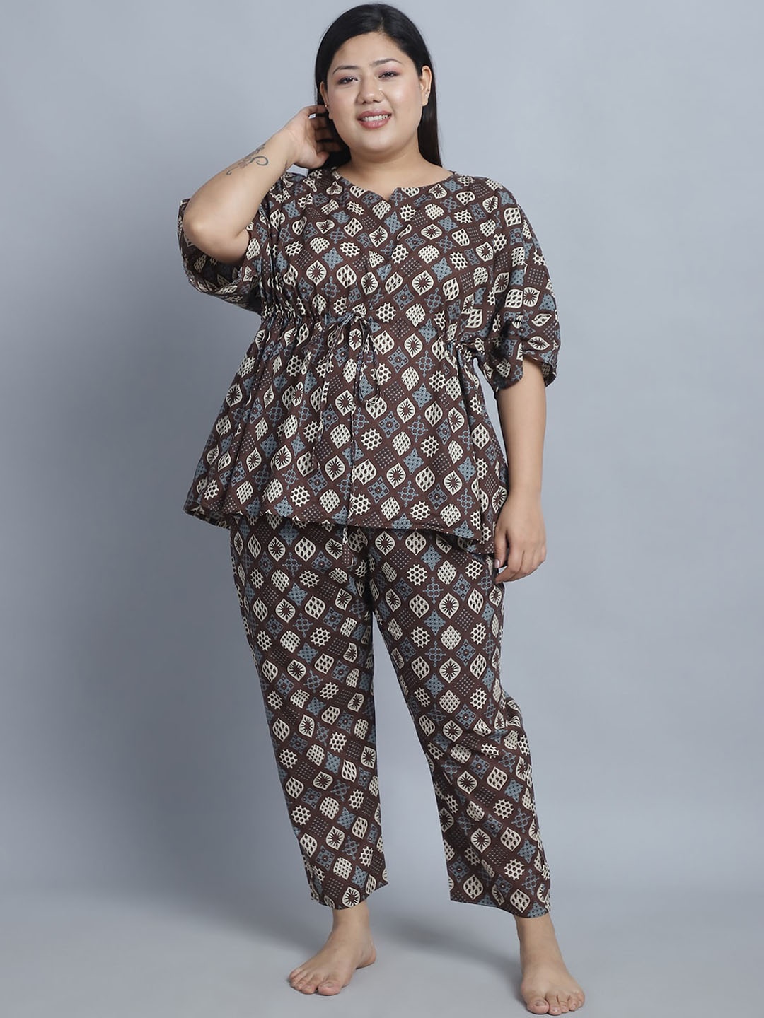 

TAG 7 Plus Size Floral Printed Cotton Kaftan & Pant, Brown