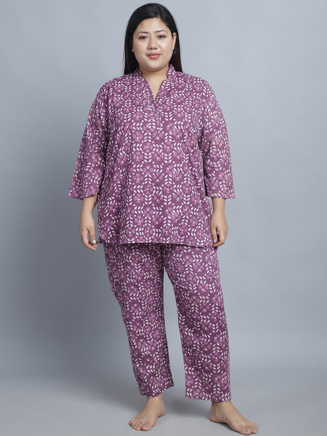 

TAG 7 Plus Size Floral Printed Mandarin Collar Cotton Night suit, Purple