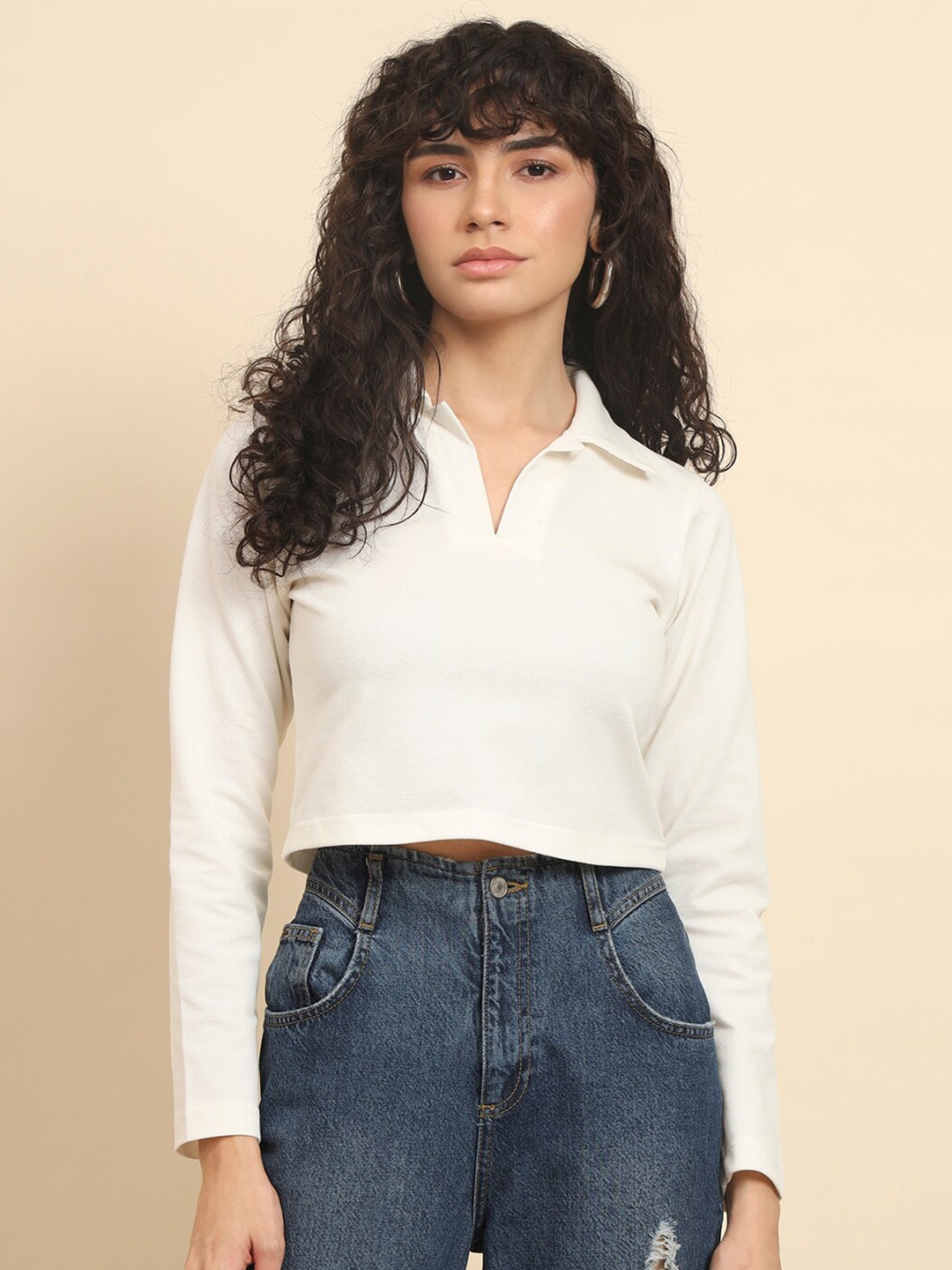 

Trend Arrest Shirt Collar Long Sleeves Cotton Crop Top, White