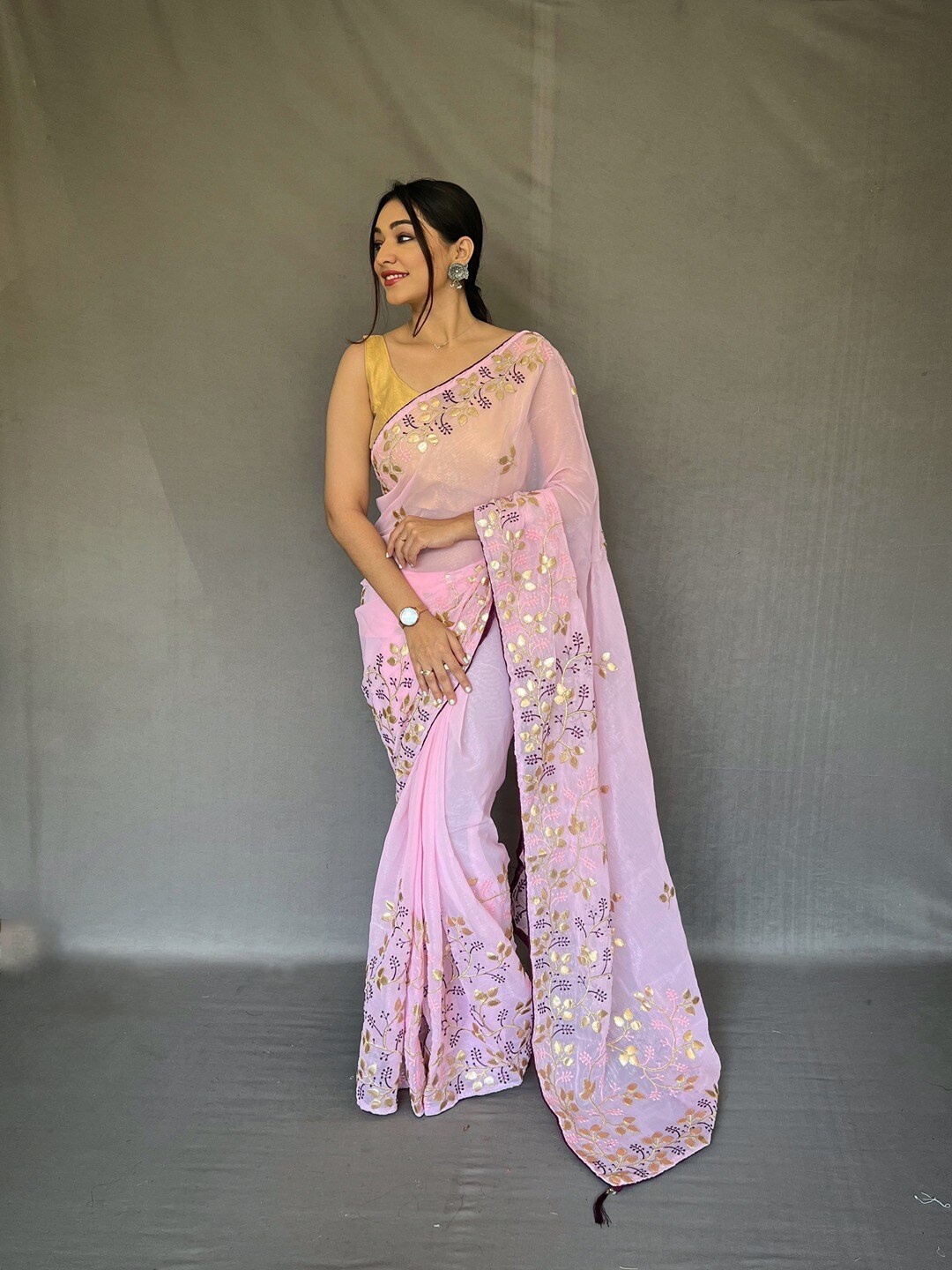 

SGF11 Floral Gotta Patti Pure Chiffon Kota Saree, Pink