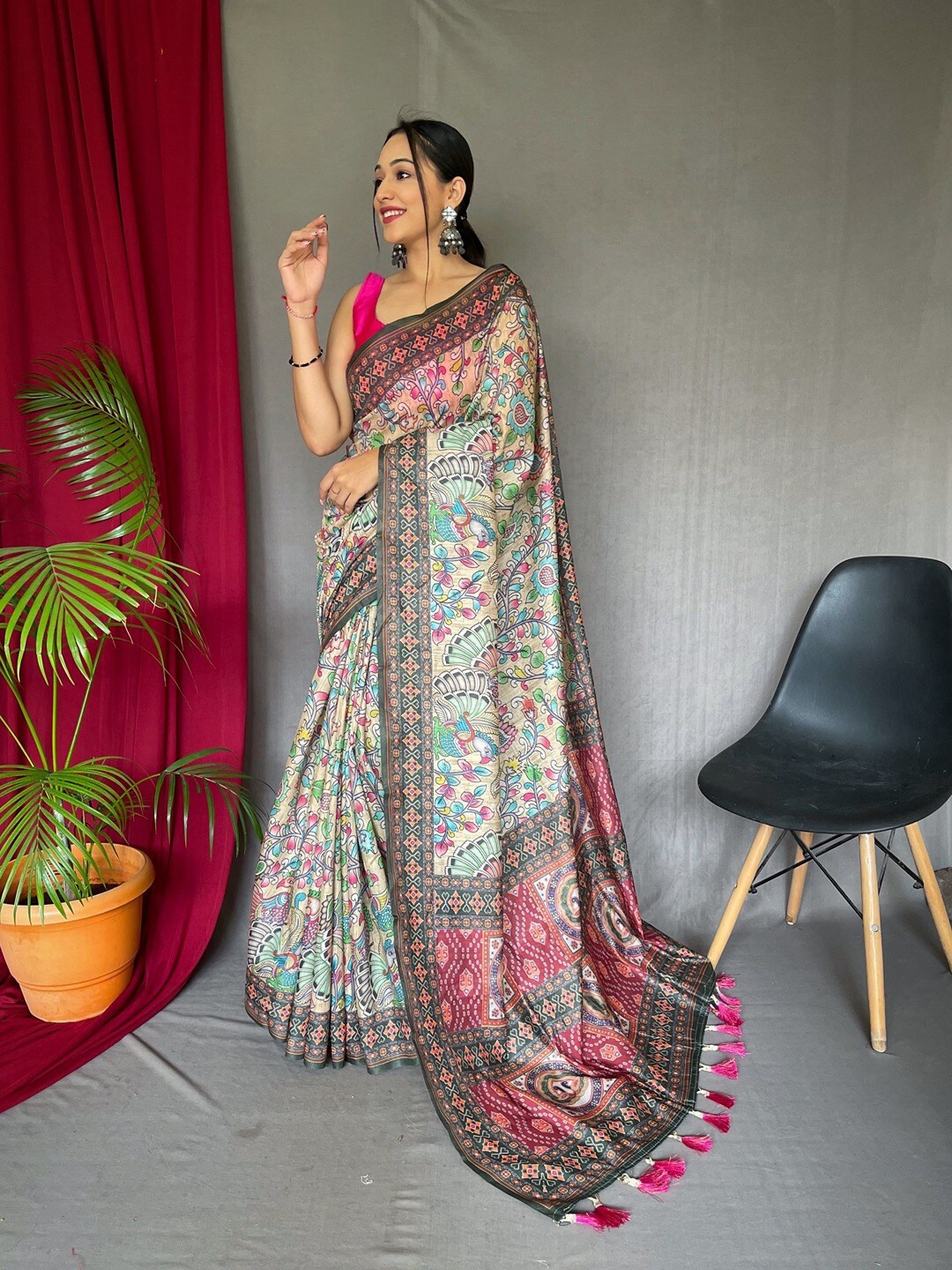 

SGF11 Kalamkari Printed Silk Cotton Chanderi Saree, Beige