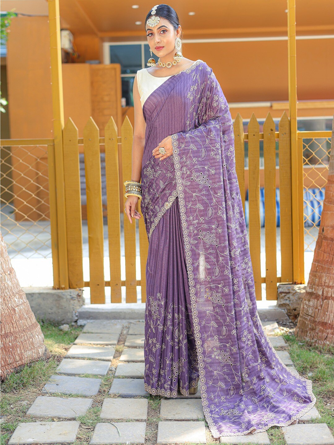 

SGF11 Floral Embroidered Art Silk Tussar Saree, Purple