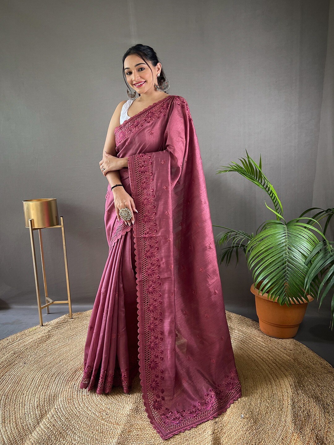 

SGF11 Floral Embroidered Silk Tussar Saree, Purple