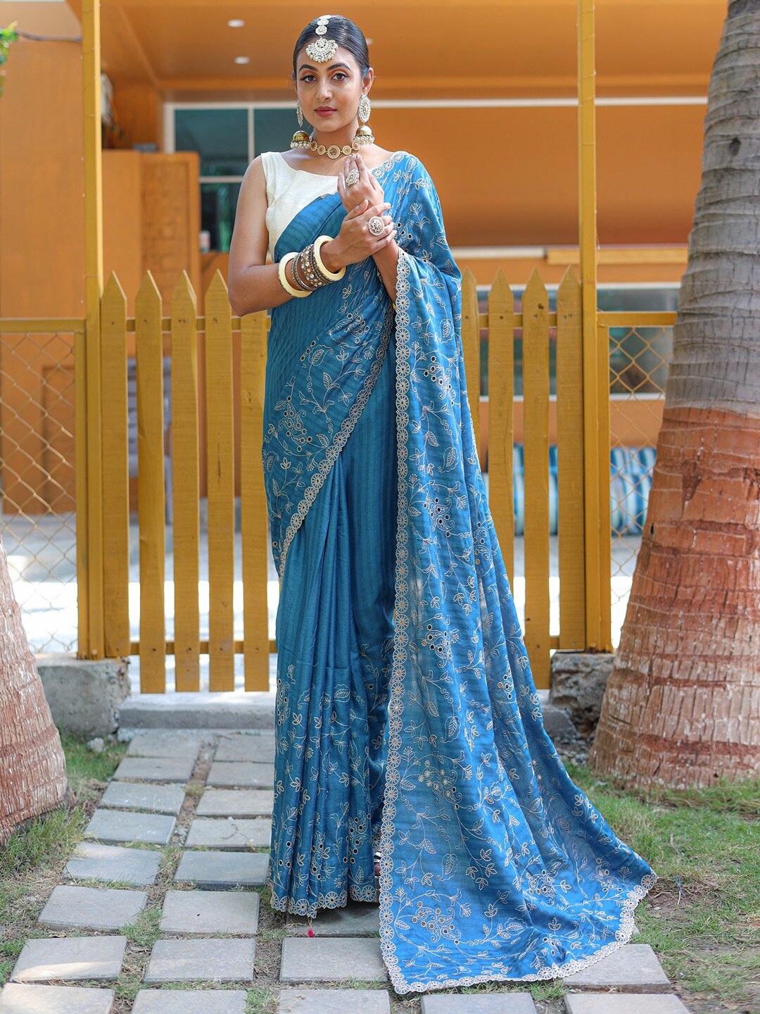 

SGF11 Embellished Embroidered Art Silk Tussar Saree, Blue