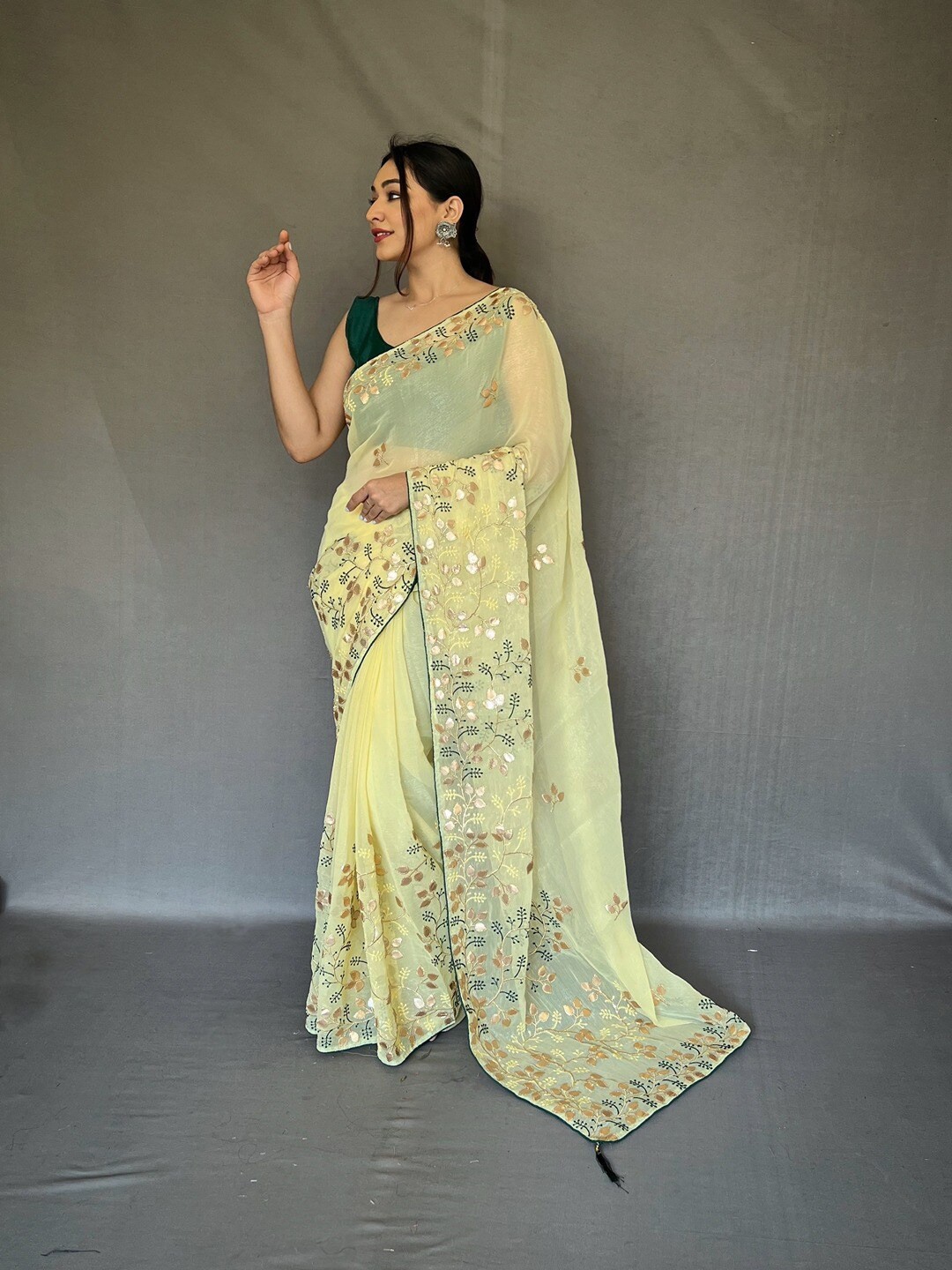 

SGF11 Floral Chikankari Pure Chiffon Kota Saree, Yellow