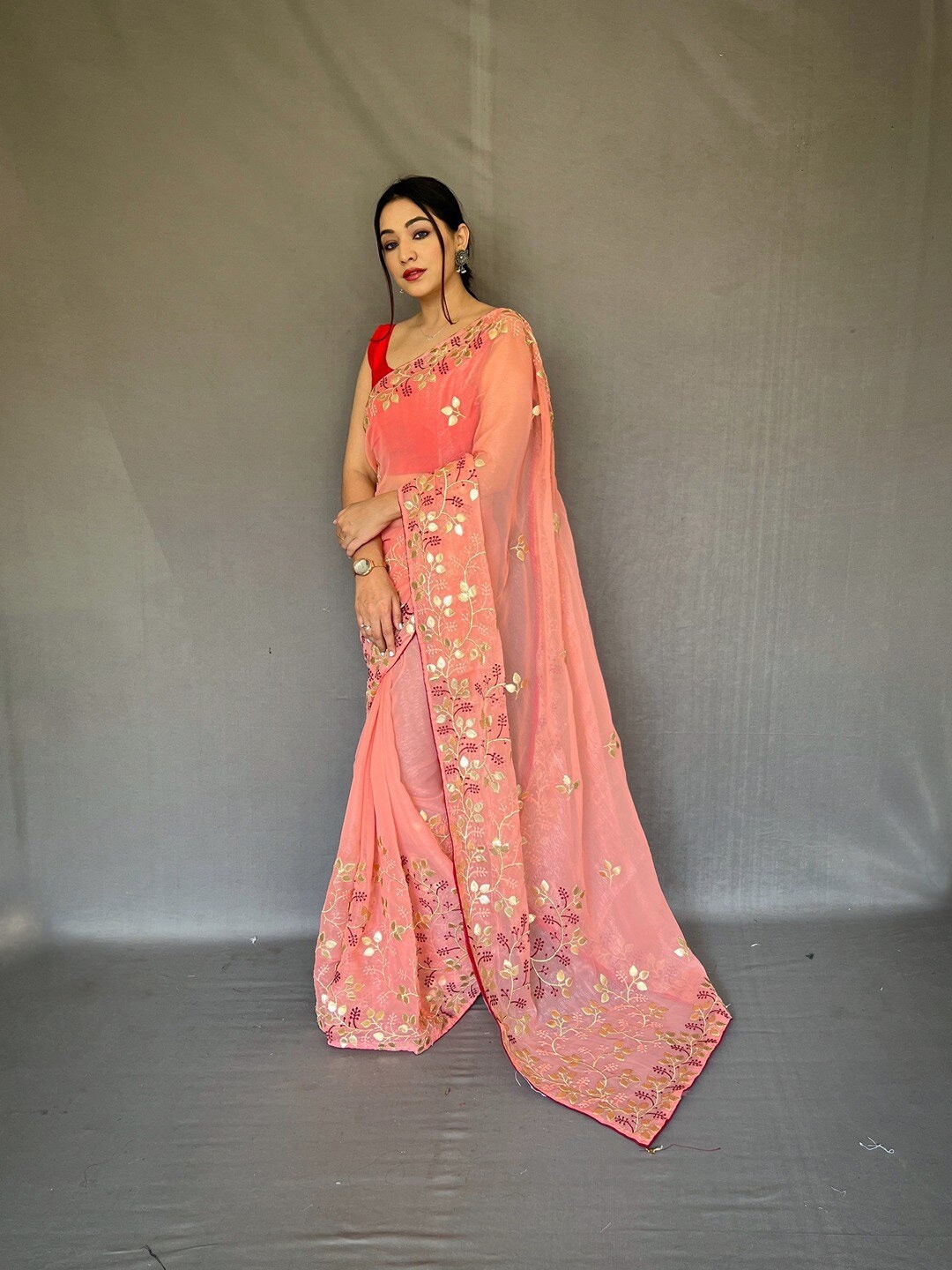 

SGF11 Floral Chikankari Embroidered Pure Chiffon Kota Saree, Peach