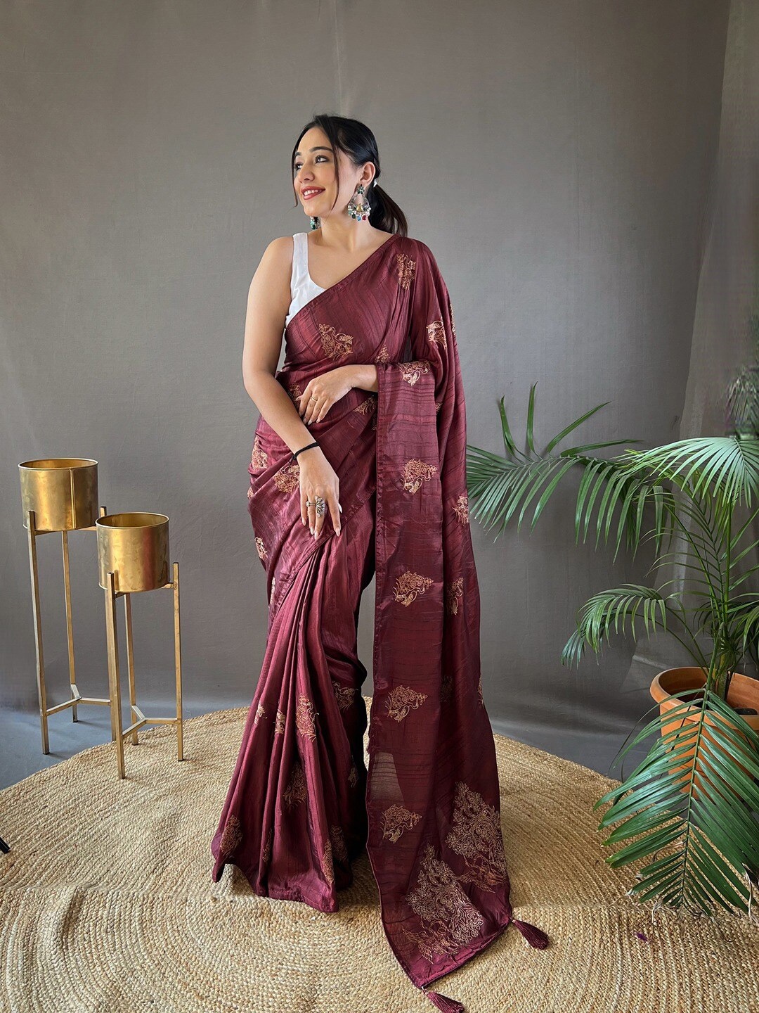 

SGF11 Ethnic Motifs Zari Art Silk Chanderi Saree, Brown