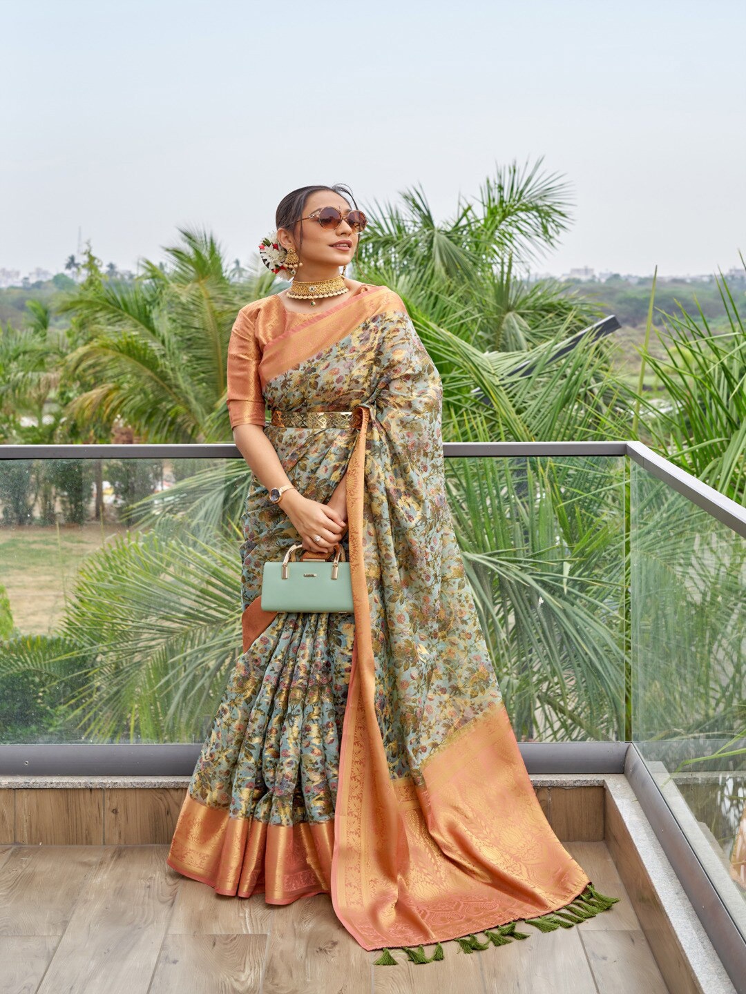 

SGF11 Floral Printed Zari Organza Saree, Blue