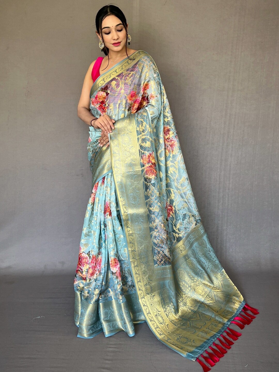 

SGF11 Floral Printed Zari Pochampally Saree, Blue