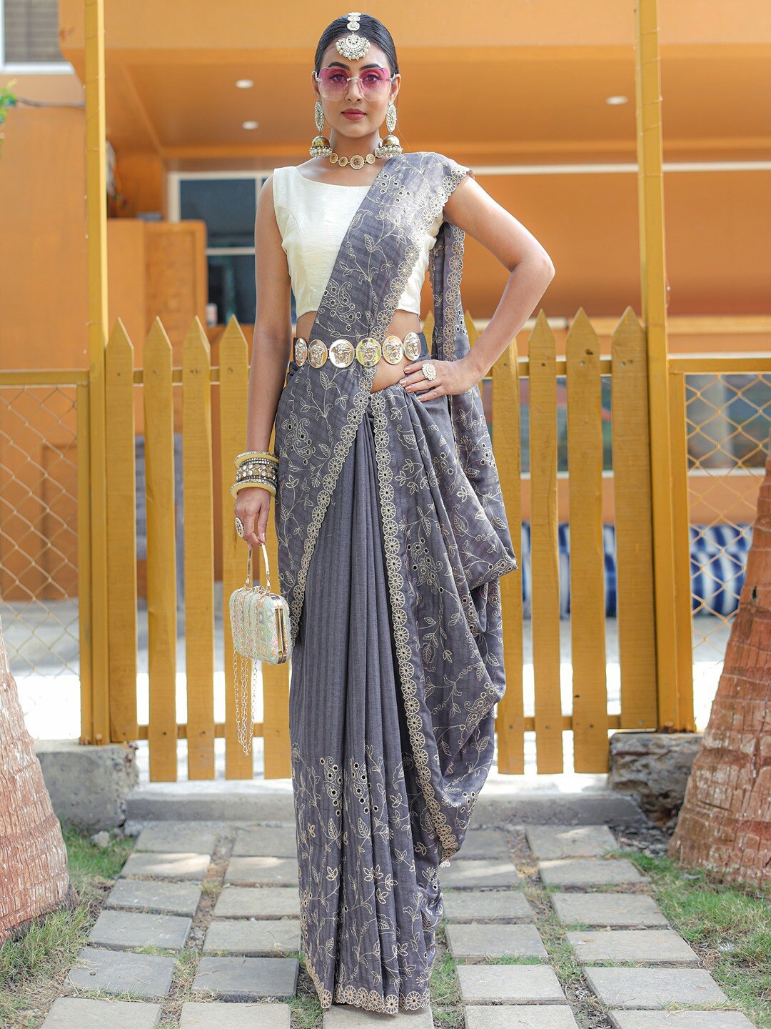 

SGF11 Embellished Embroidered Art Silk Heavy Work Tussar Saree, Grey