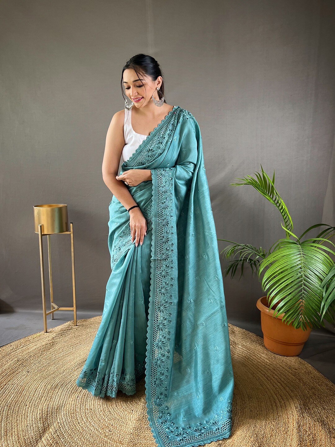 

SGF11 Floral Embroidered Silk Heavy Work Tussar Saree, Blue