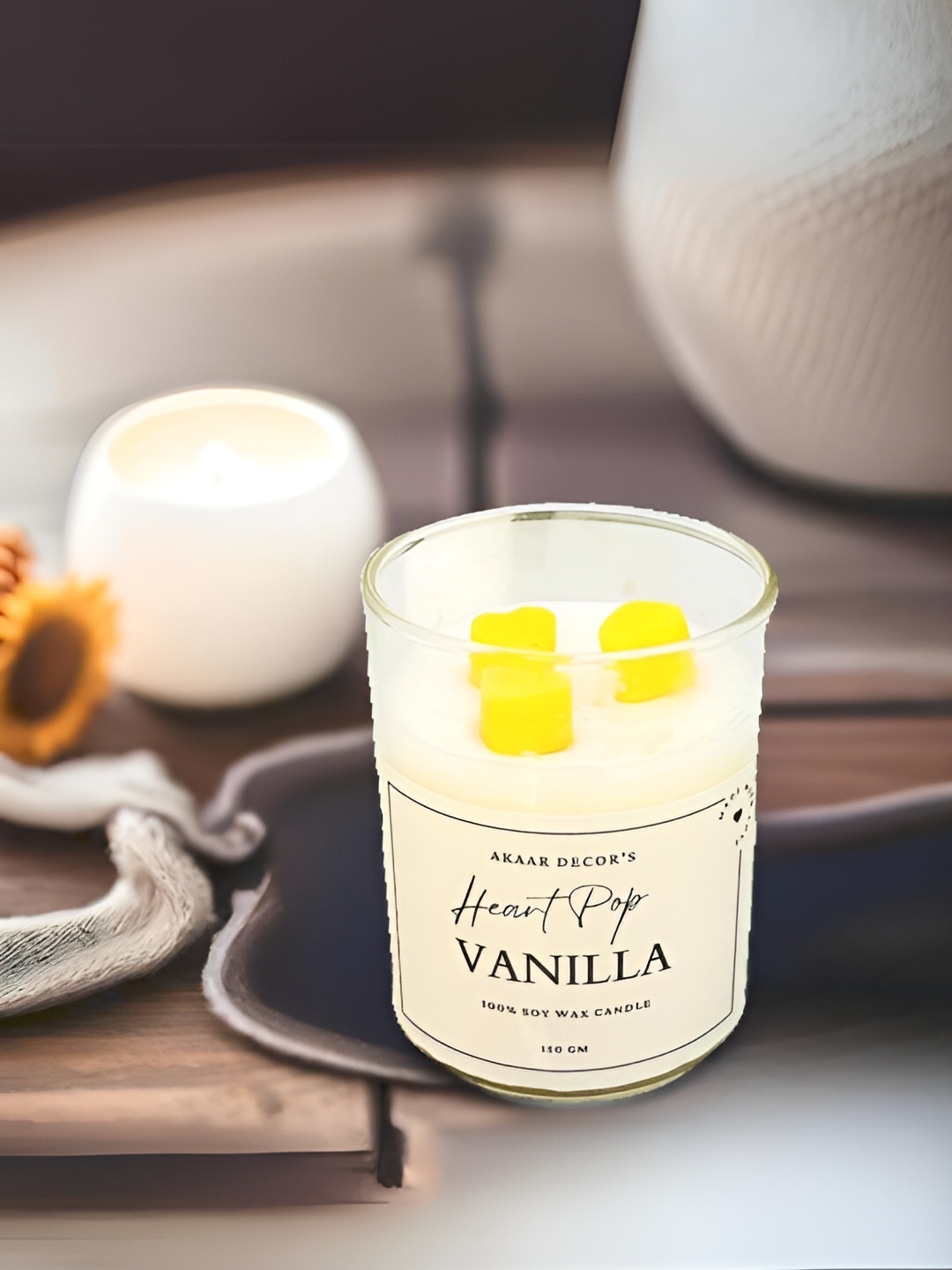

Akaar Yellow & Brown Wax Heart Pop Vanilla Scented Jar Candle