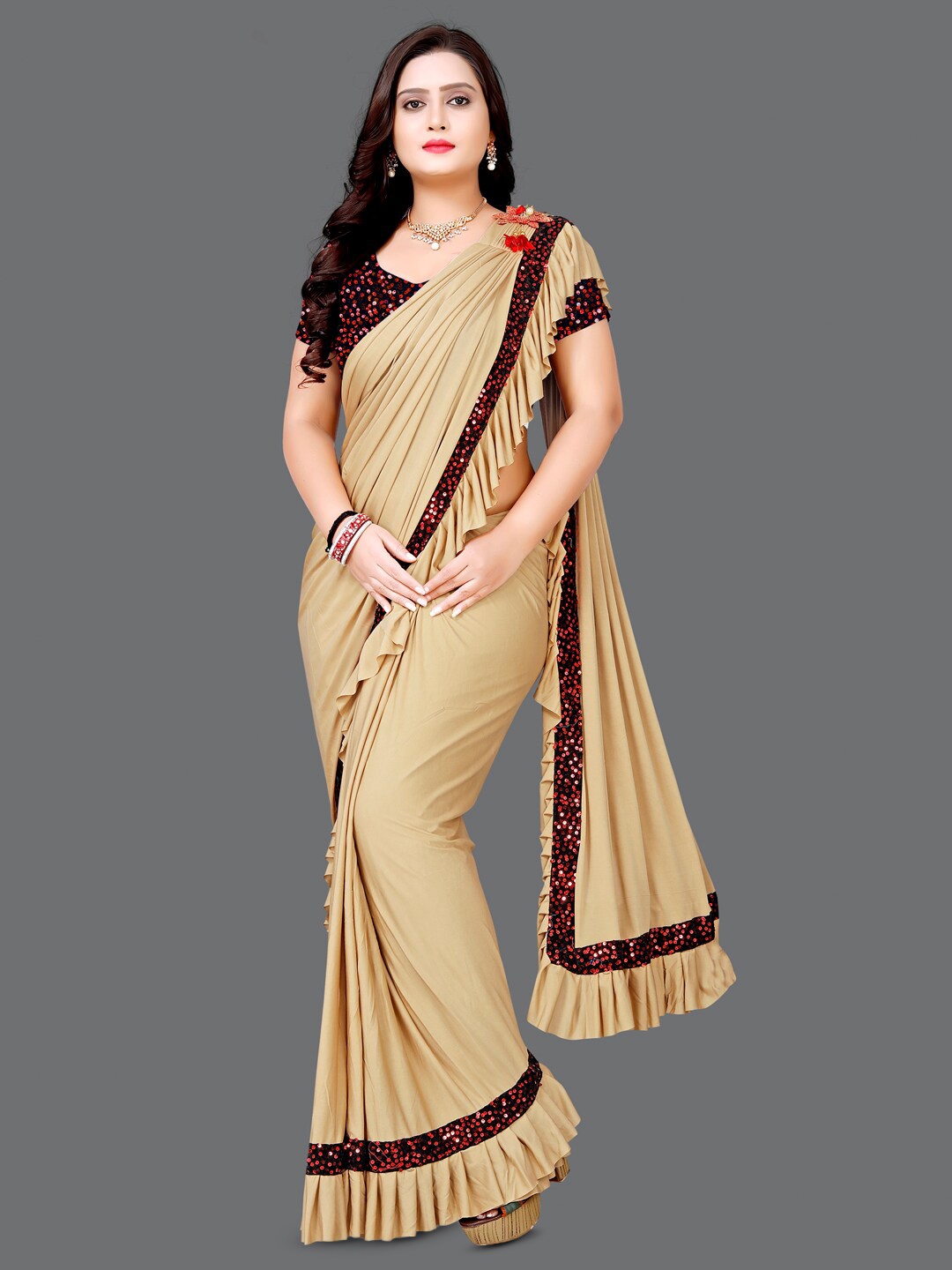 

ejoty fashion Embellished Ruffles Saree, Cream