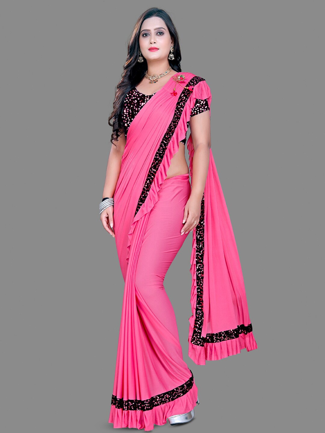 

ejoty fashion Embellished Ruffles Saree, Pink