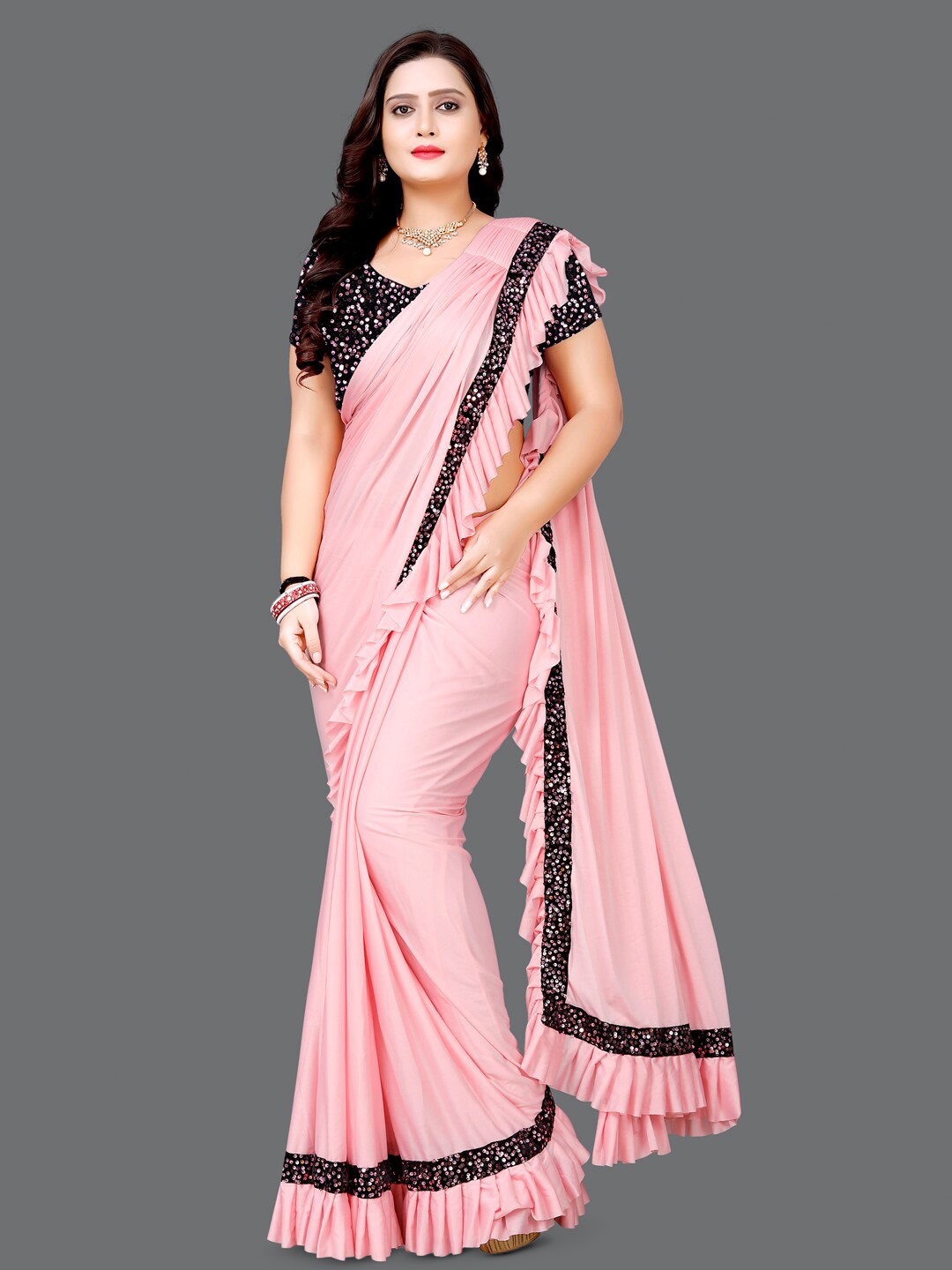 

ejoty fashion Embellished Ruffles Saree, Pink