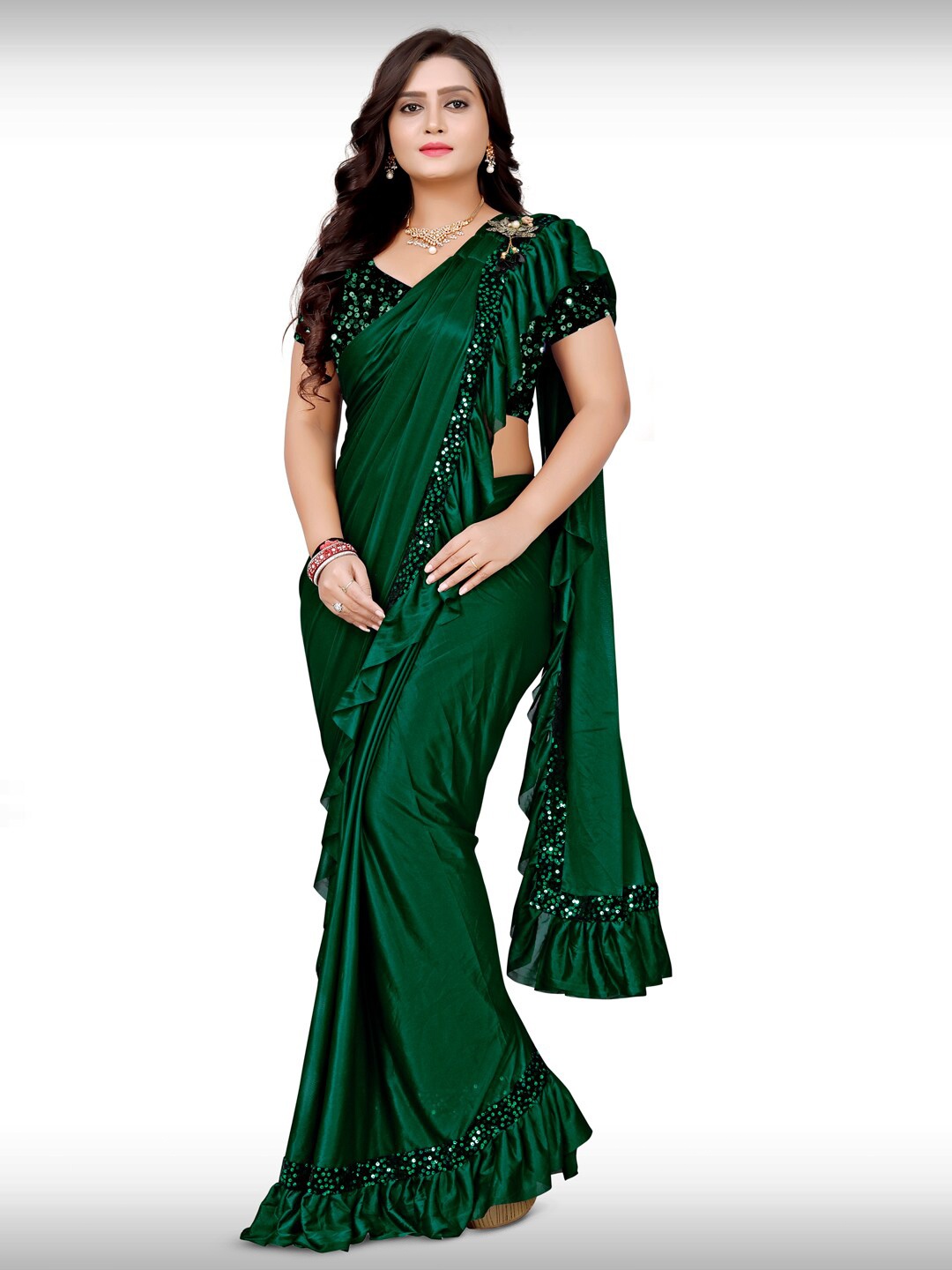 

ejoty fashion Embellished Ruffles Saree, Green