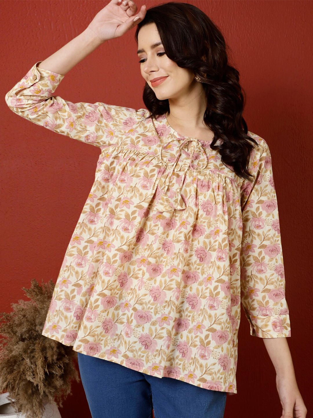 

antaran Floral Printed Tie-Up Neck Cuffed Sleeves Gathered Detailed A-Line Cotton Top, Pink