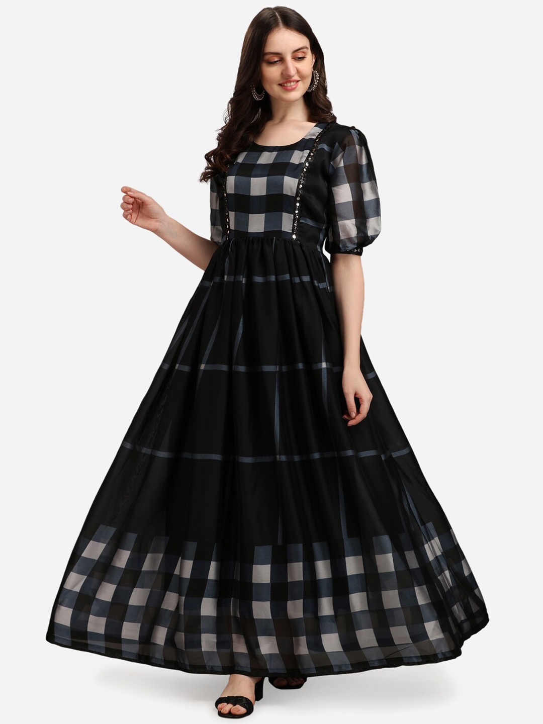 

Fashion2wear Checked Puff Sleeves Georgette Maxi Dress, Black