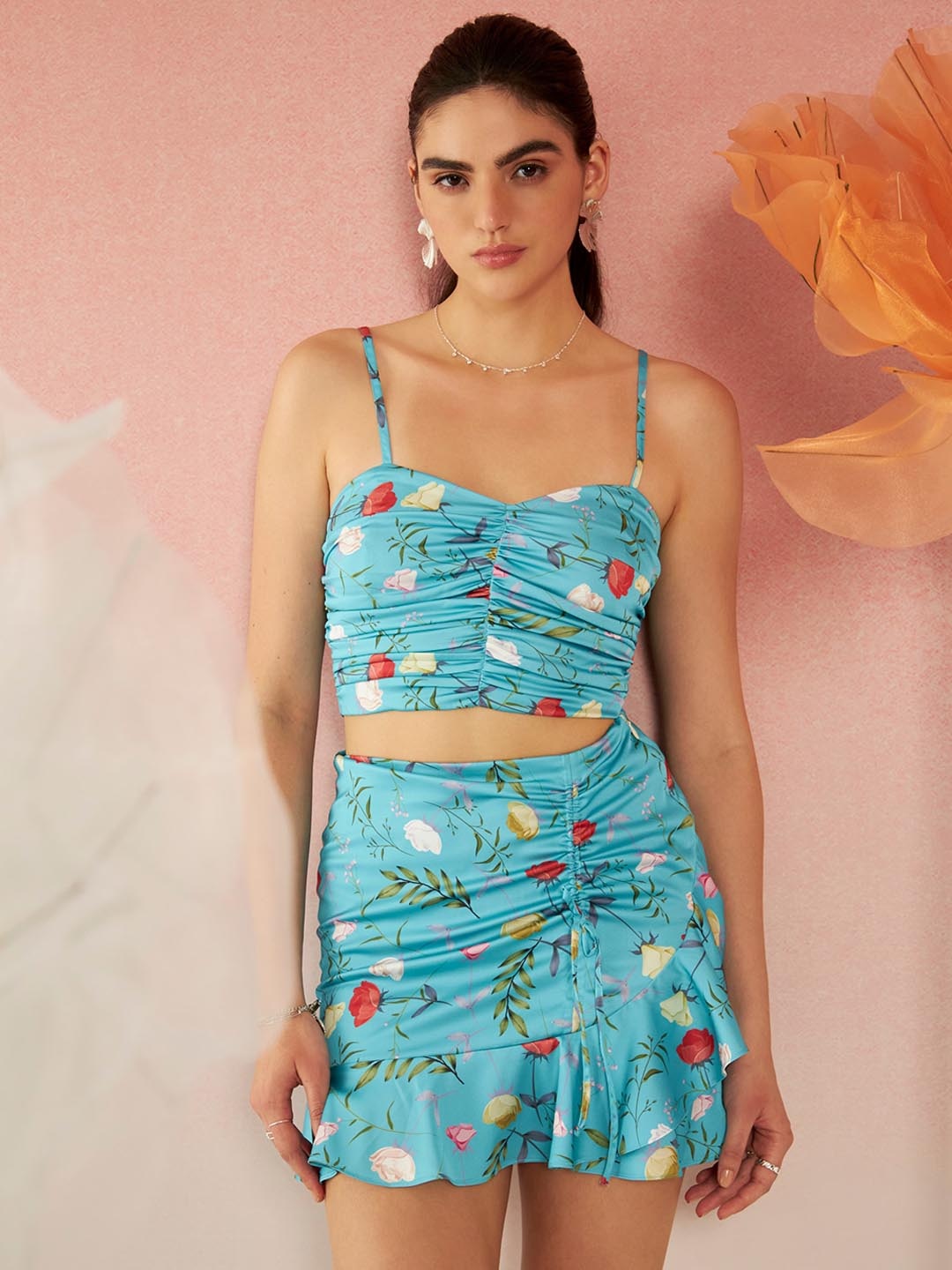 

Virgio Floral Printed Shoulder Strap Crop Top With Skirt Co-Ords, Blue
