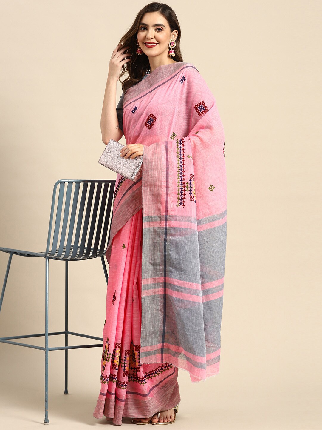 

KALINI Floral Embroidered Pure Linen Saree, Pink