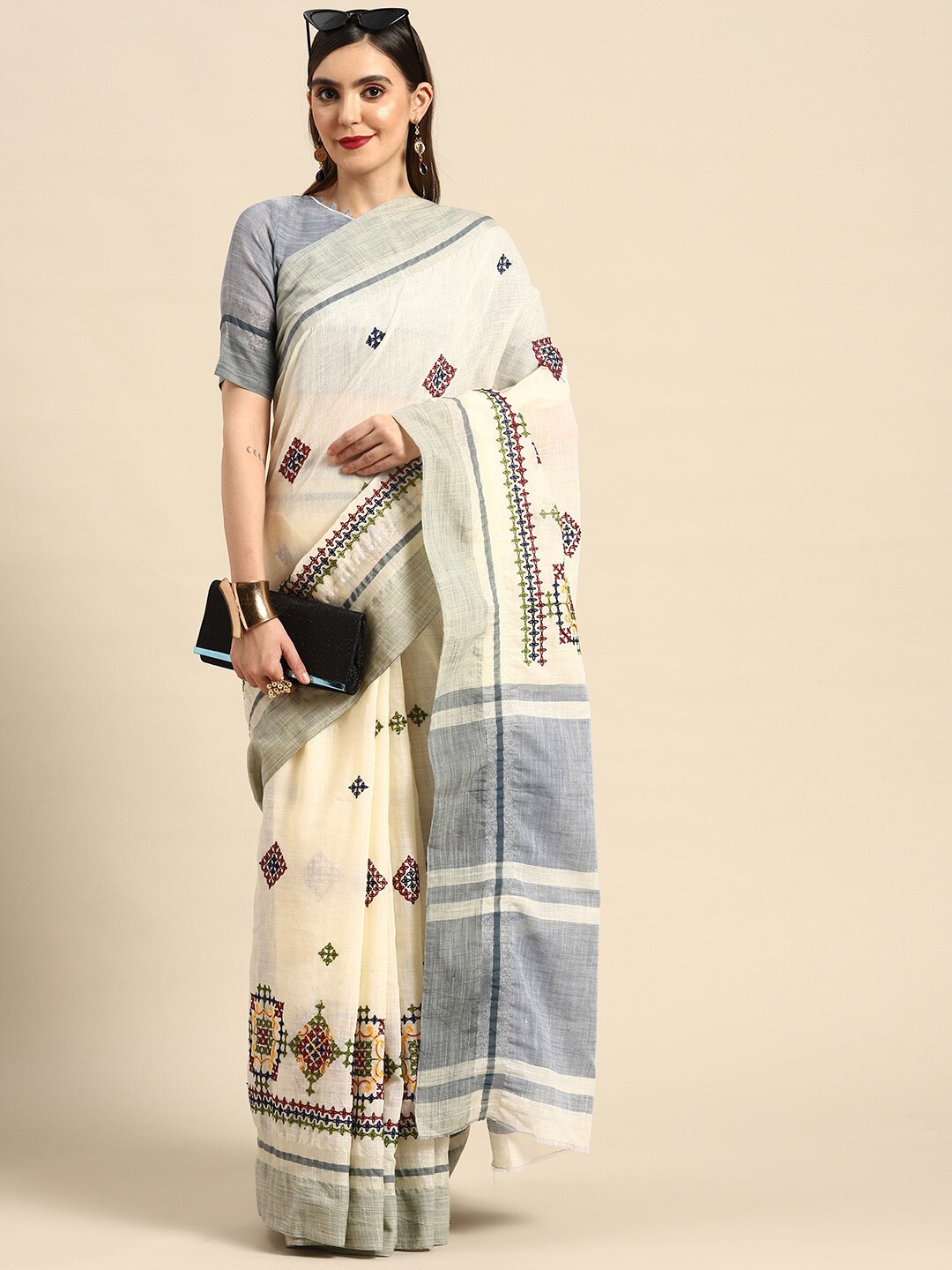 

KALINI Embroidered Pure Linen Saree, Cream