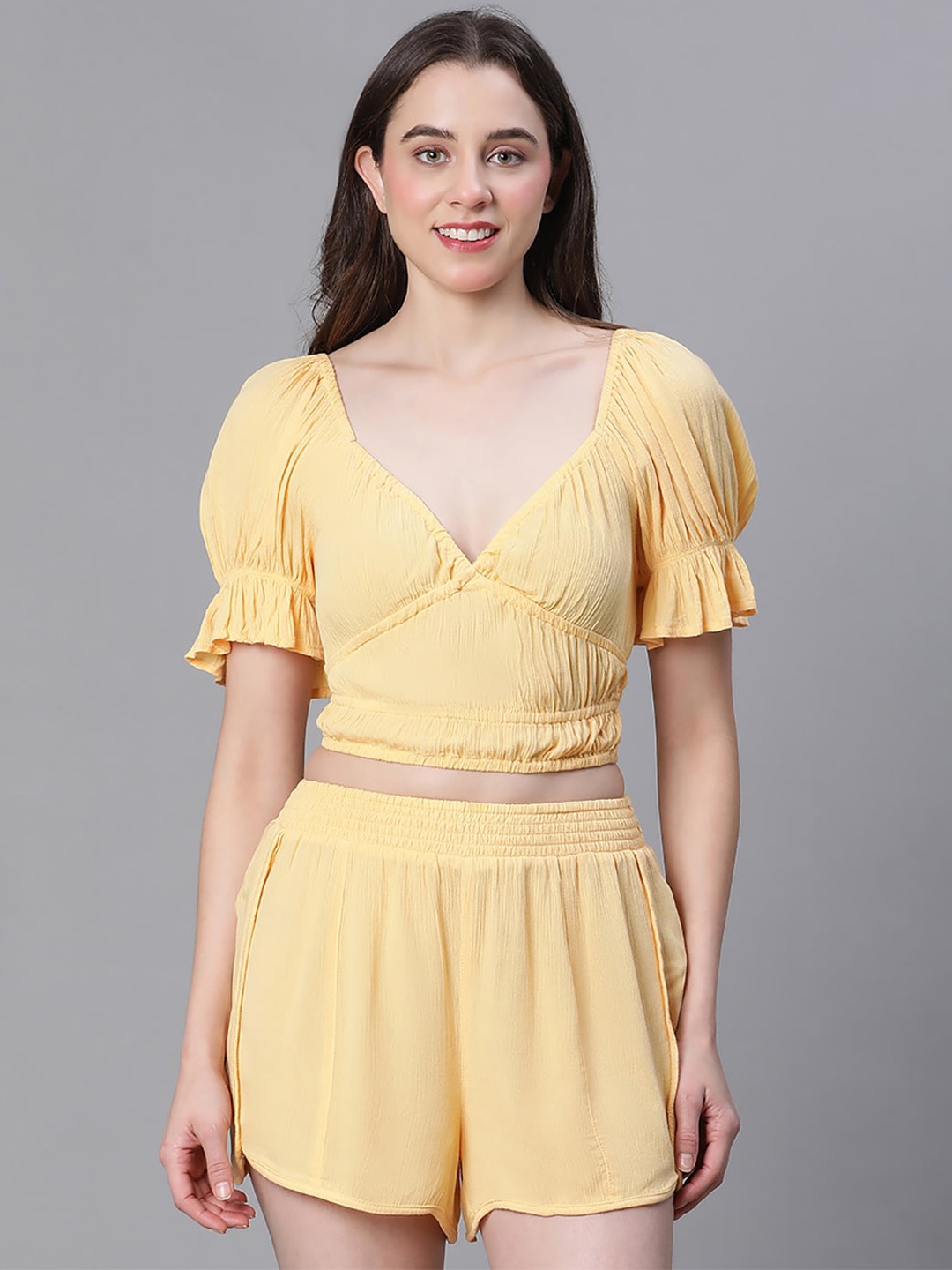 

Oxolloxo Self Design Sweetheart Neck Puff Sleeves Night suit, Yellow