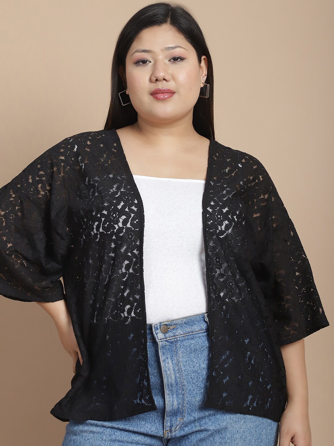 

Rute Plus Size Self Design Cotton Open Front Shrug, Black