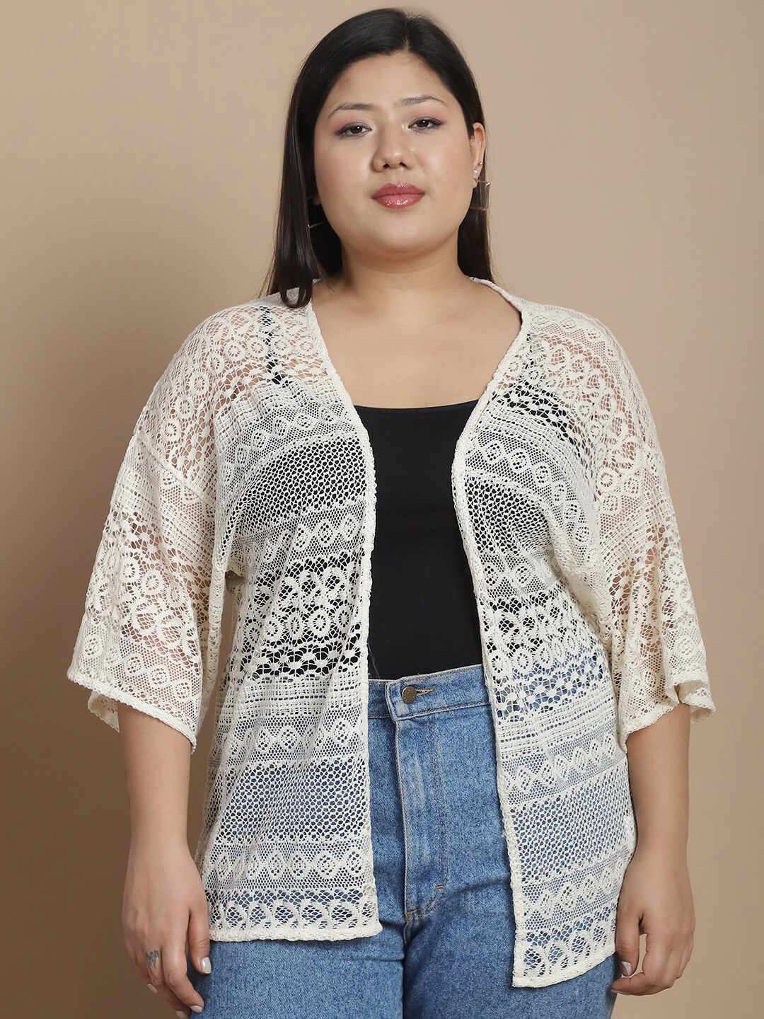 

Rute Plus Size Self Design Regular Open Front Shrug, White