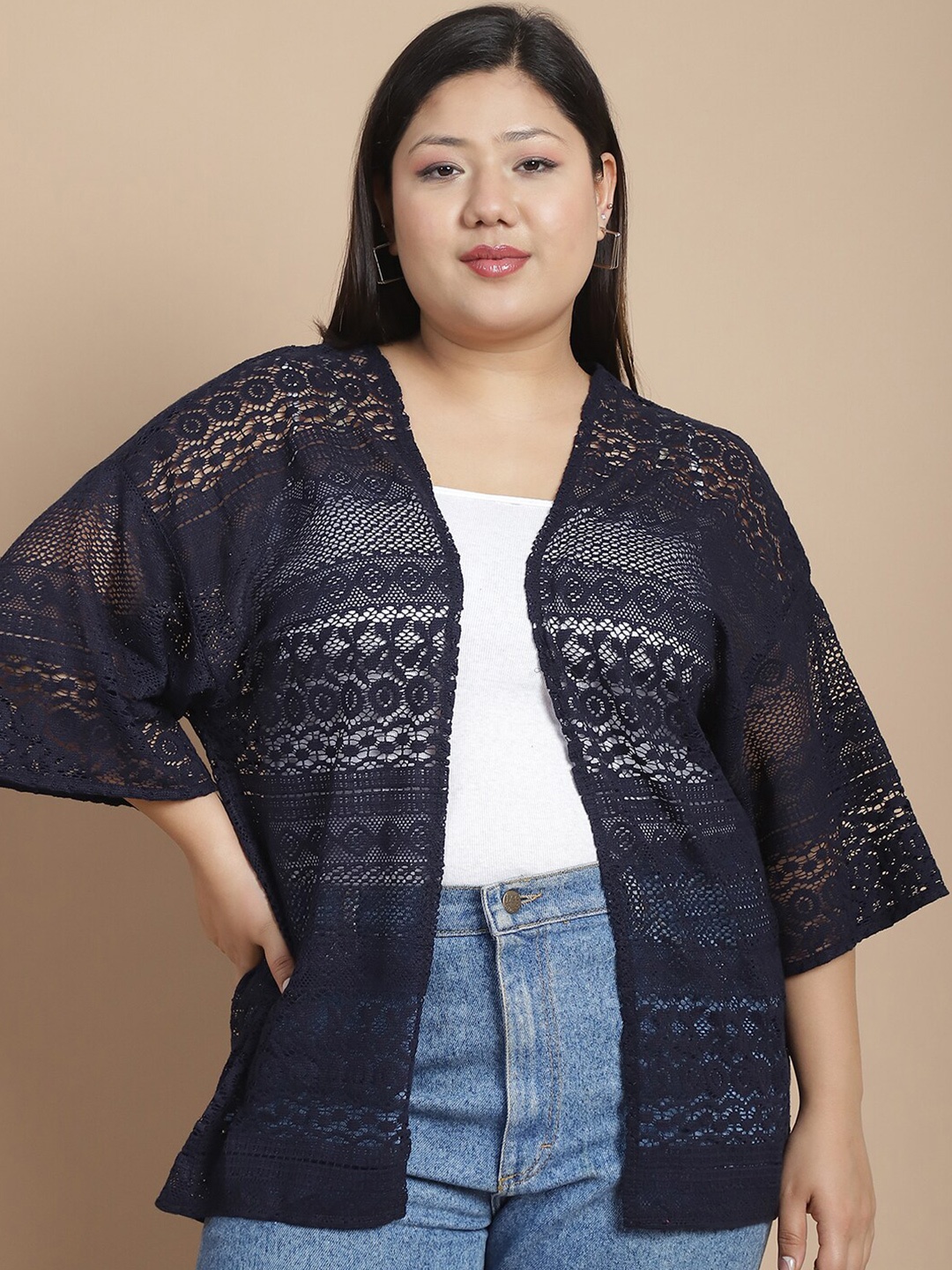 

Rute Plus Size Self Design Cotton Open Front Shrug, Navy blue