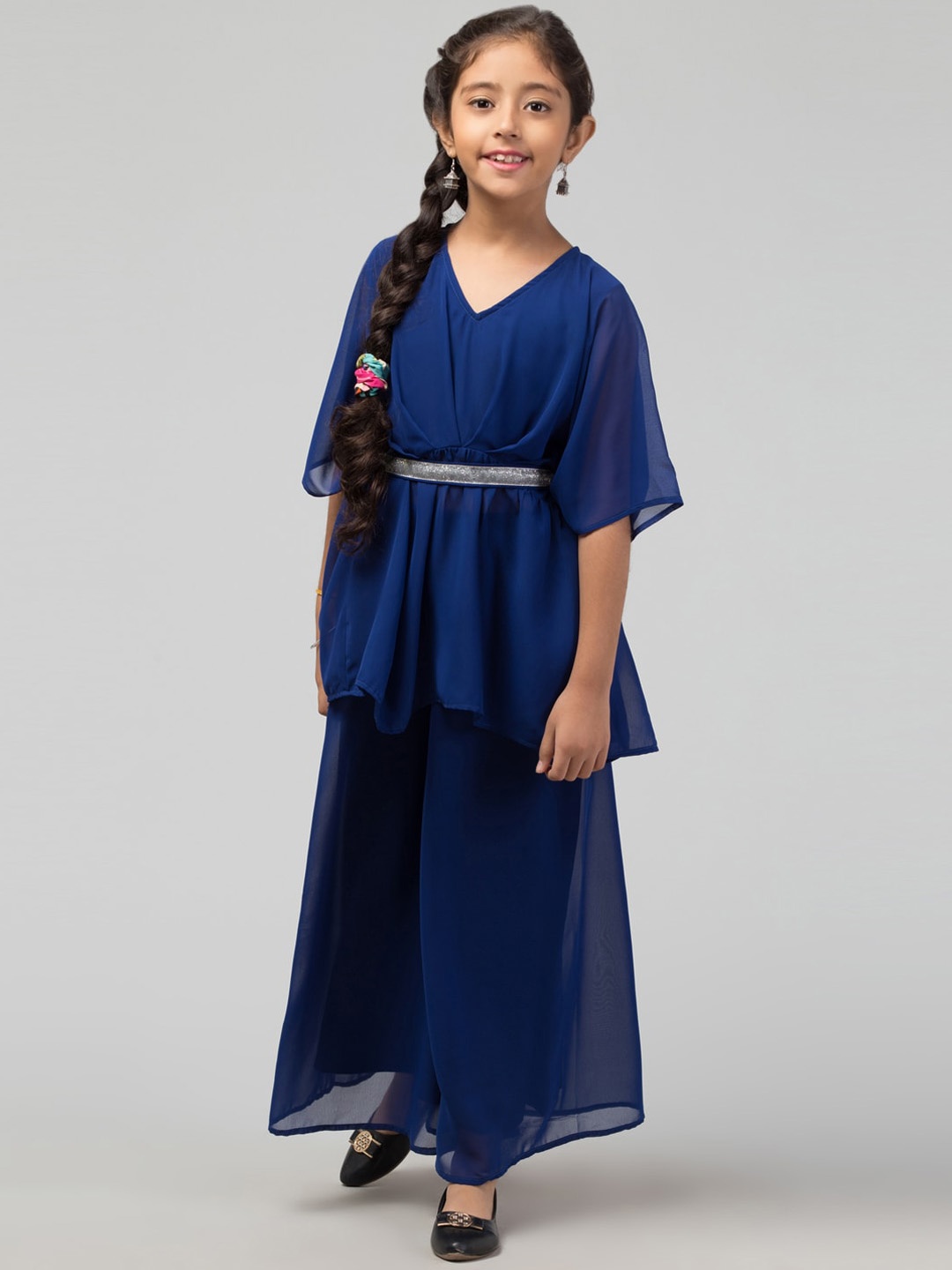

MUSHKIYA Girls V-Neck Flared Sleeves Georgette Kaftan Kurti with Palazzo, Blue