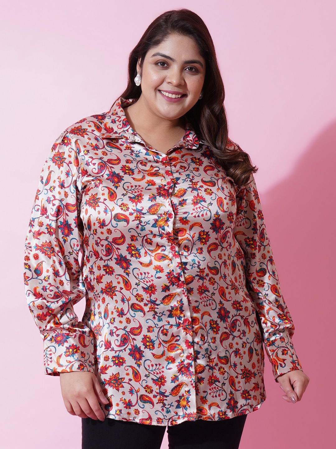 

U&F Beyond Plus Size Floral Printed Shirt Collar Cuffed Sleeve Satin Shirt Style Top, Beige