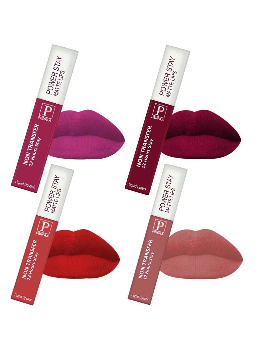 

PERPAA Power Stay Set Of 4 Liquid Matte Lipstick -5ml Each -Red-Cherry Red-Pink-Nude, Multi