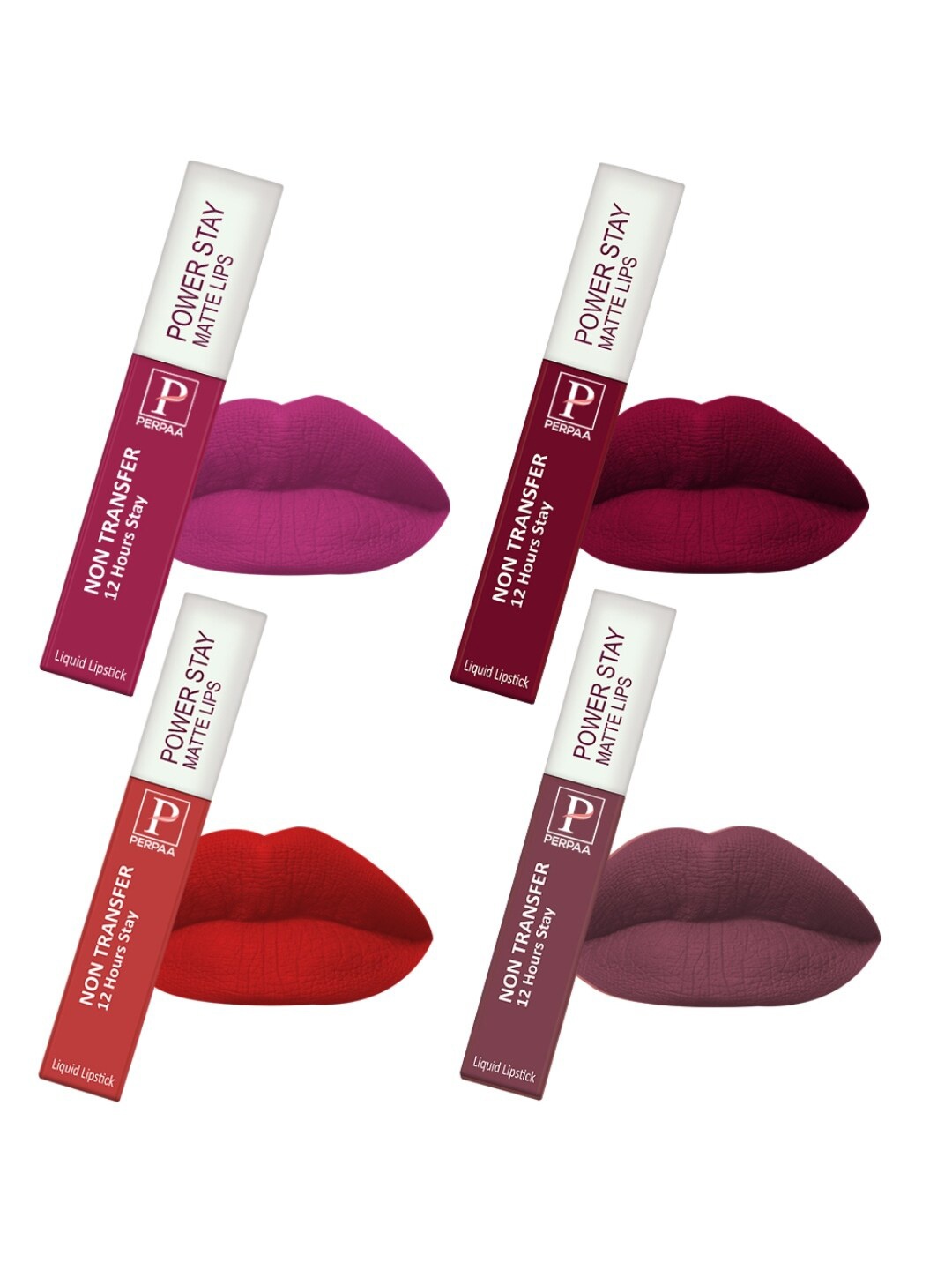 

PERPAA Power Stay Set Of 4 Liquid Matte Lipstick - 5ml Each - Red-Cherry Red-Pink-Mauve, Multi