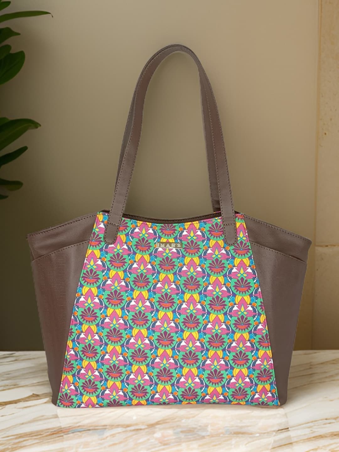 IMARS Ethnic Motifs Printed Structured Tote Bag, Brown