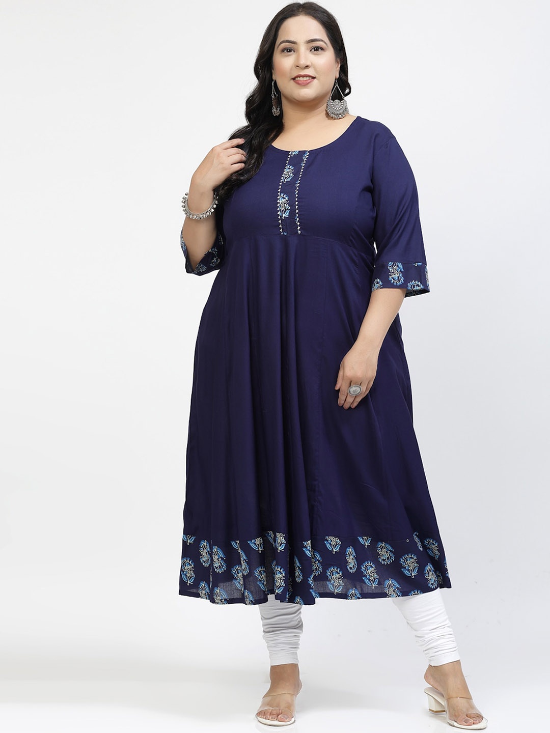 

plusS Plus Size Floral Printed Gotta Patti Pleated Anarkali Kurta, Navy blue