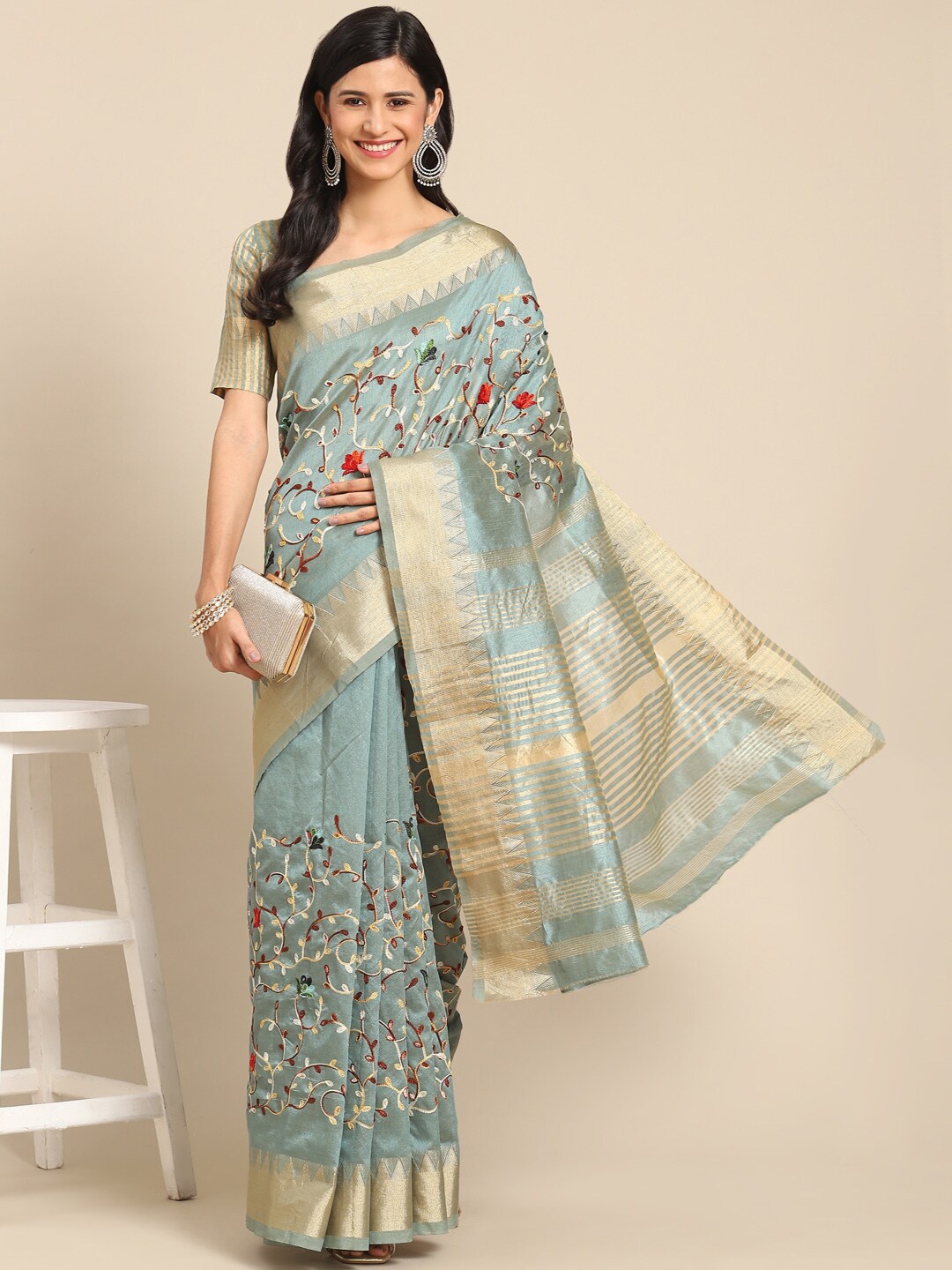 

KALINI Floral Embroidered Zari Woven Design Banarasi Saree, Blue