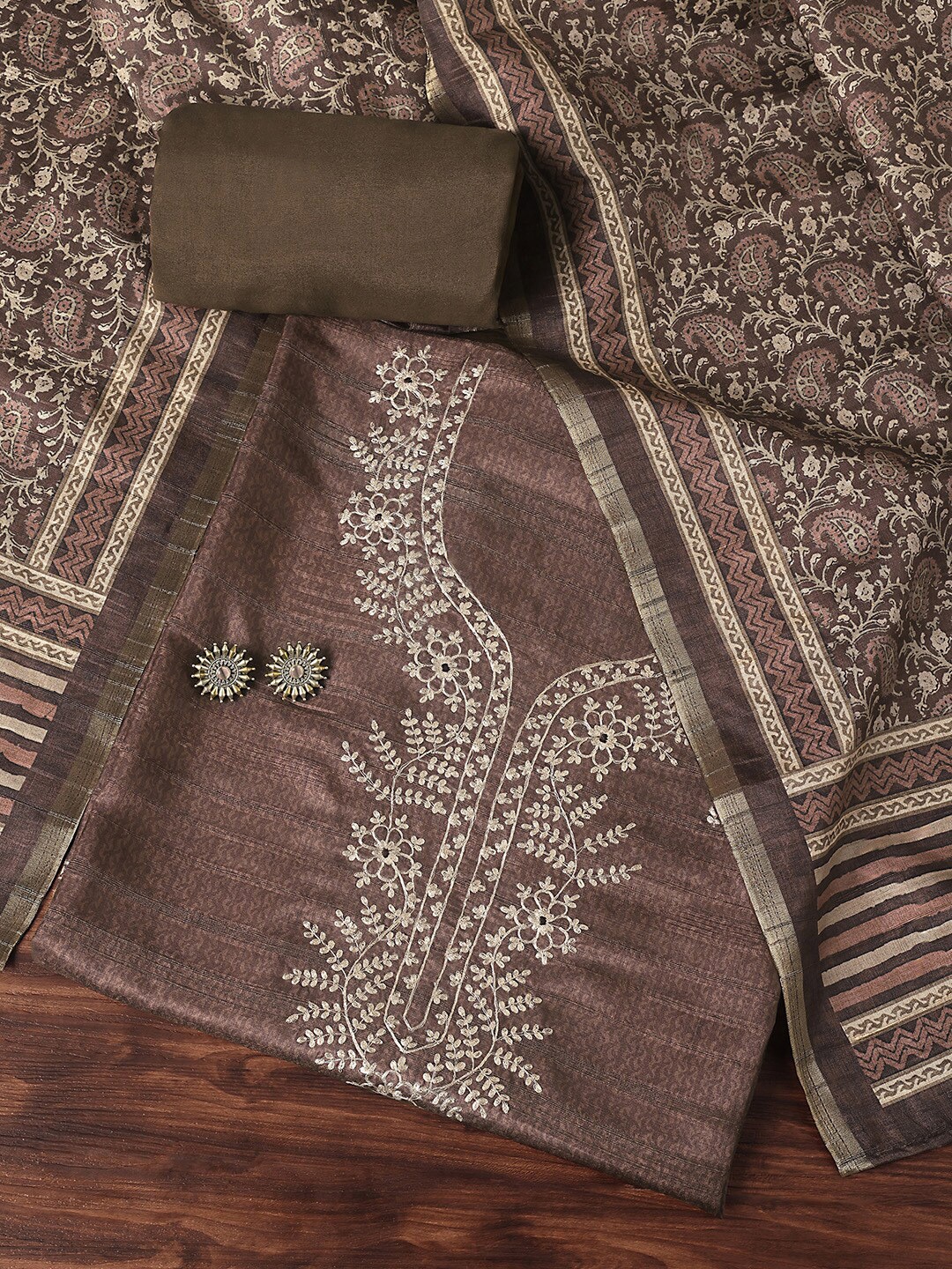 

KALKI Fashion Embroidered Unstitched Dress Material, Brown