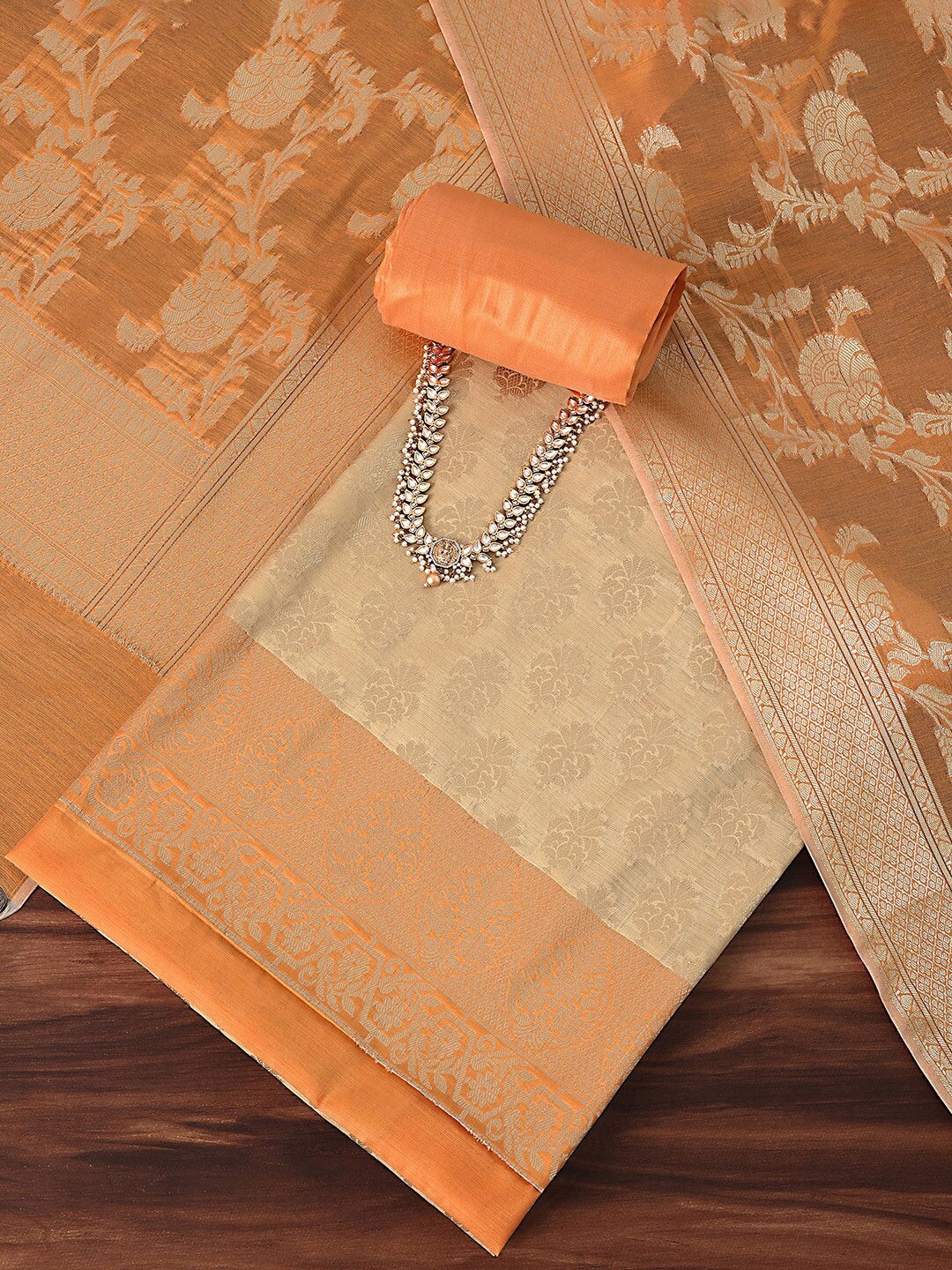 

KALKI Fashion Floral Woven Design Unstitched Dress Material, Beige