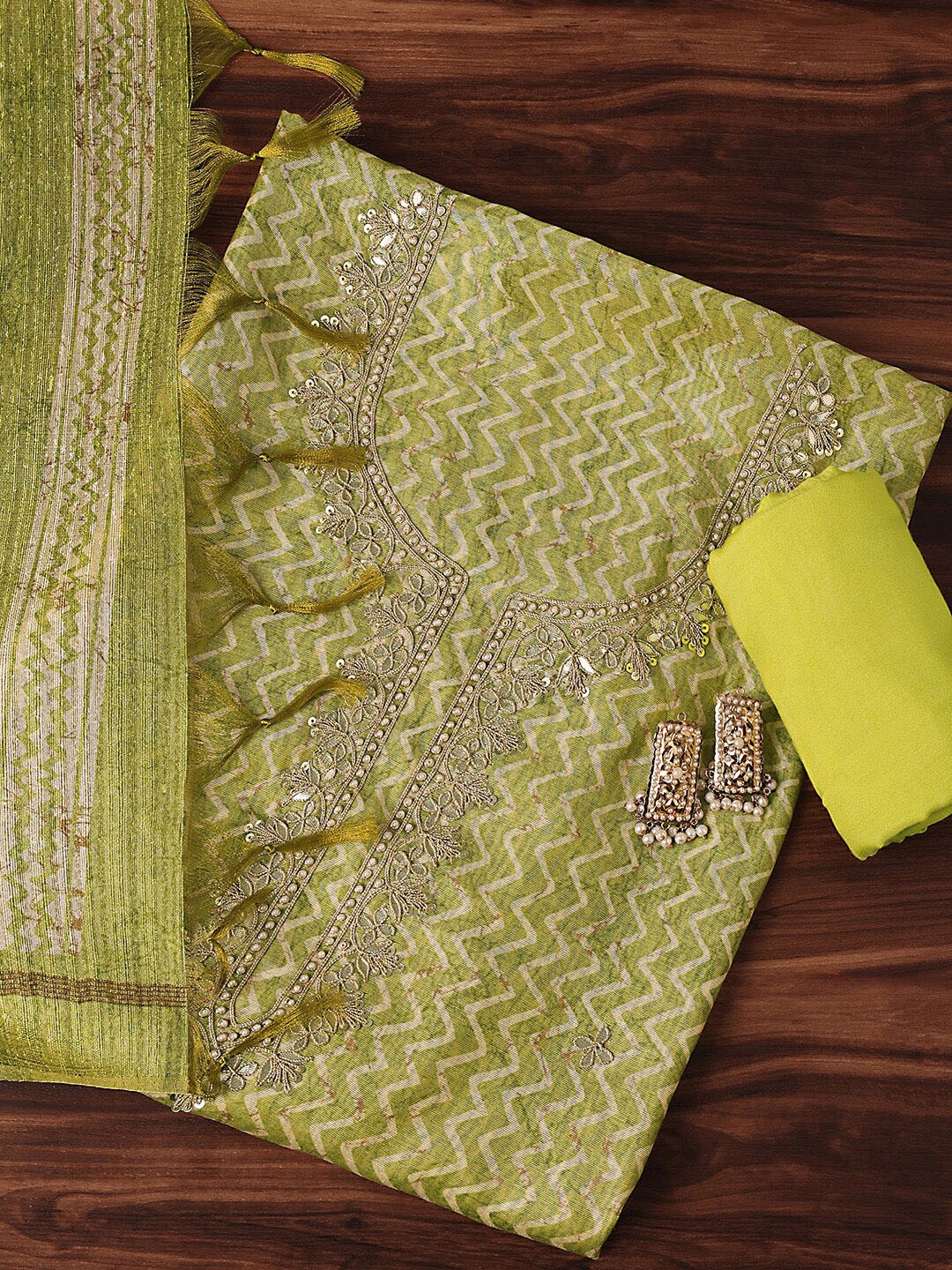 

KALKI Fashion Ethnic Motifs Embroidered Unstitched Dress Material, Green