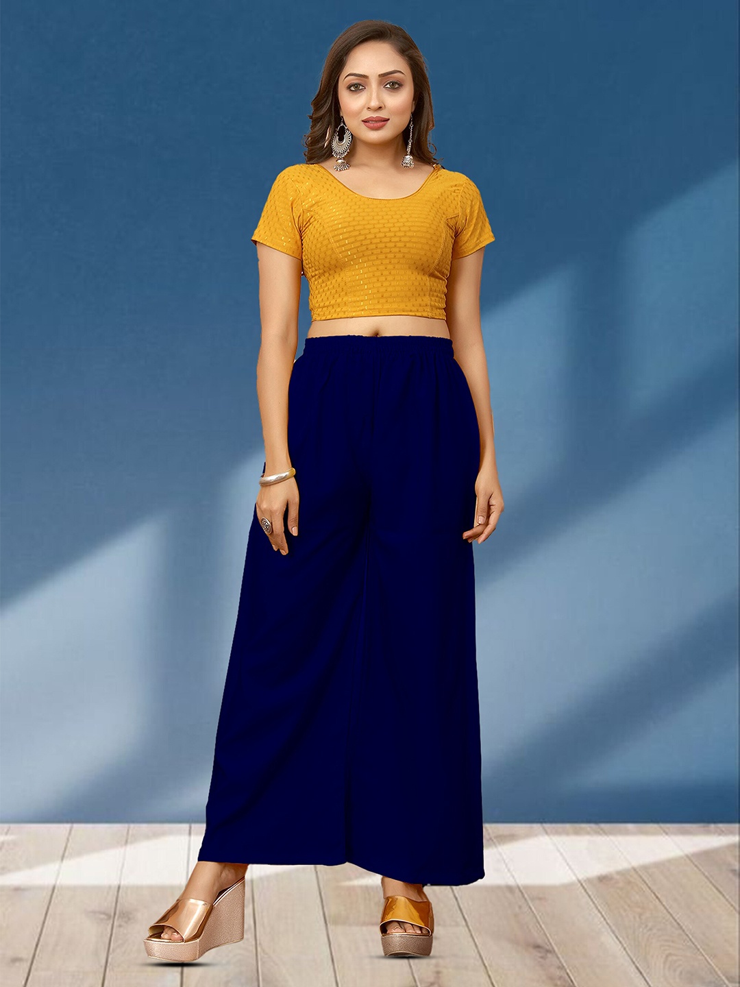 

N N ENTERPRISE Women Wide Leg Regular Crepe Palazzos, Blue