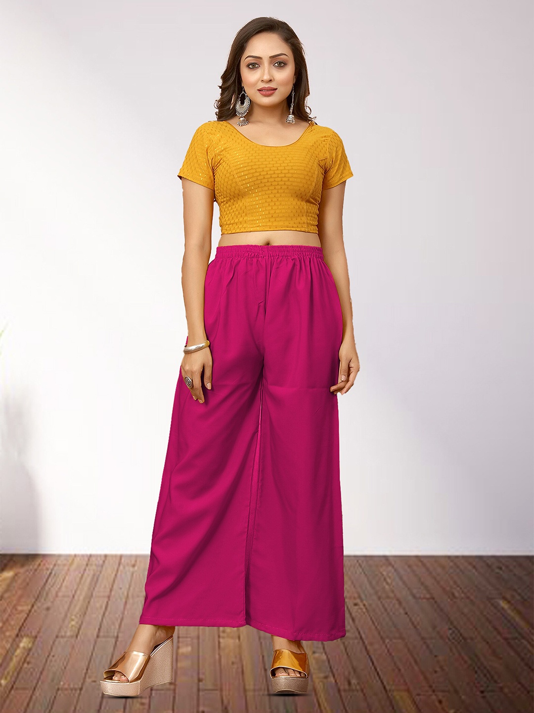 

N N ENTERPRISE Women Wide Leg Regular Crepe Palazzos, Pink