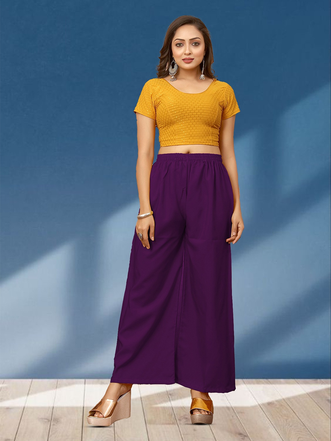 

N N ENTERPRISE Women Wide Leg Regular Crepe Palazzos, Purple