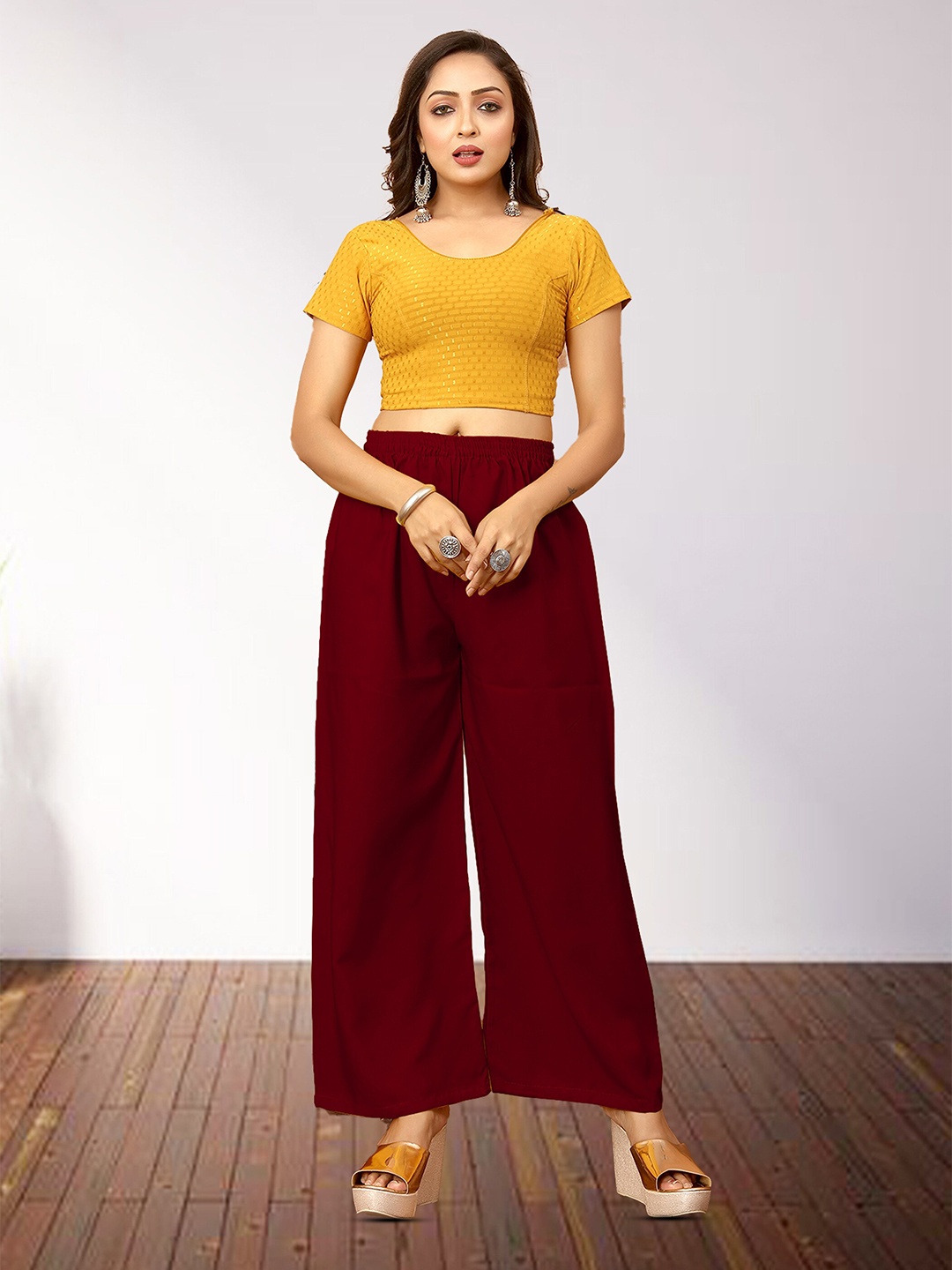 

N N ENTERPRISE Women Wide Leg Regular Crepe Palazzos, Maroon