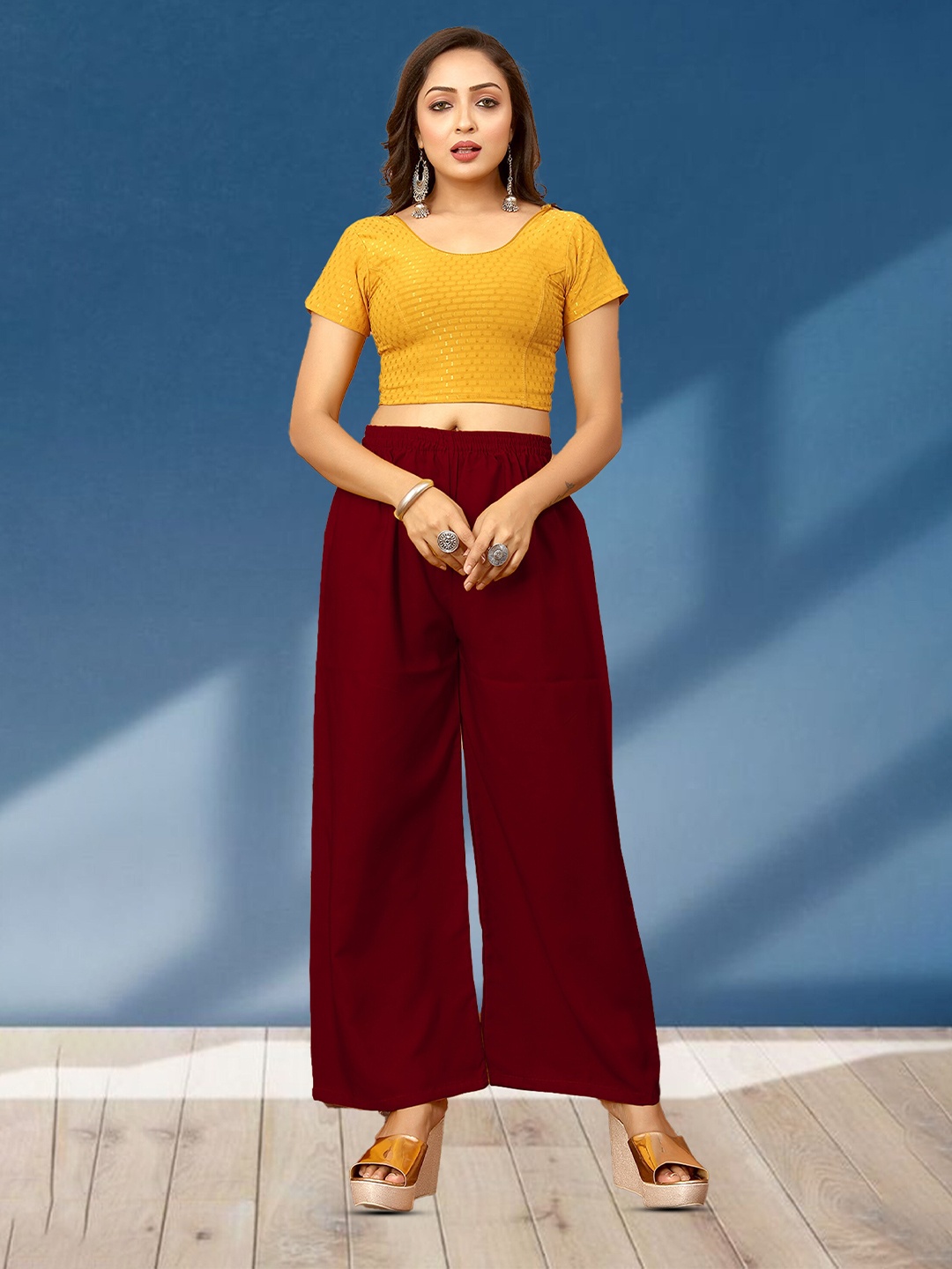 

N N ENTERPRISE Women Wide Leg Regular Crepe Palazzos, Maroon
